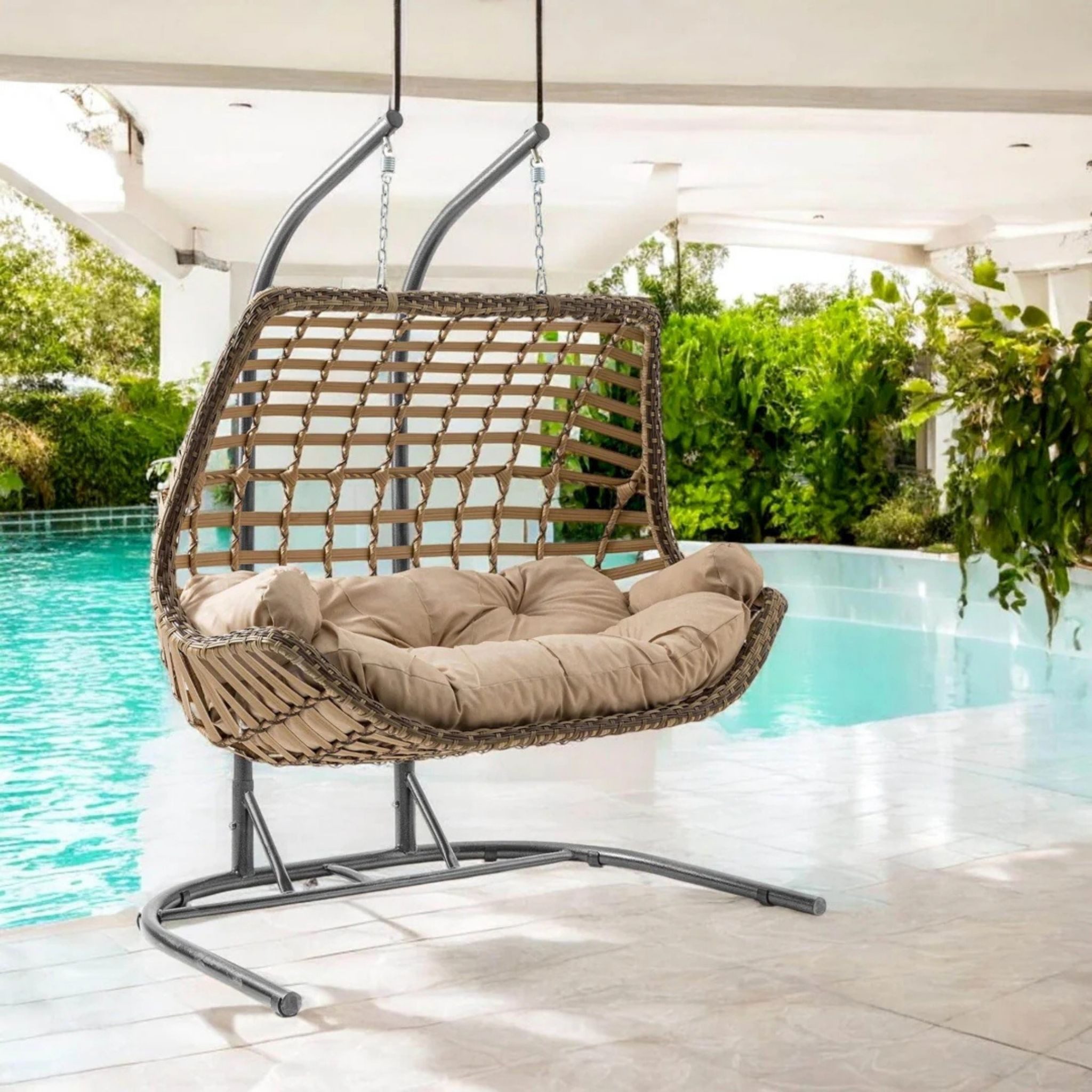 gowoll Hängesessel mit Gestell und Kissen Handgeflechtet Rattan Gertenschaukel Cunda, mit Relaxfunktion