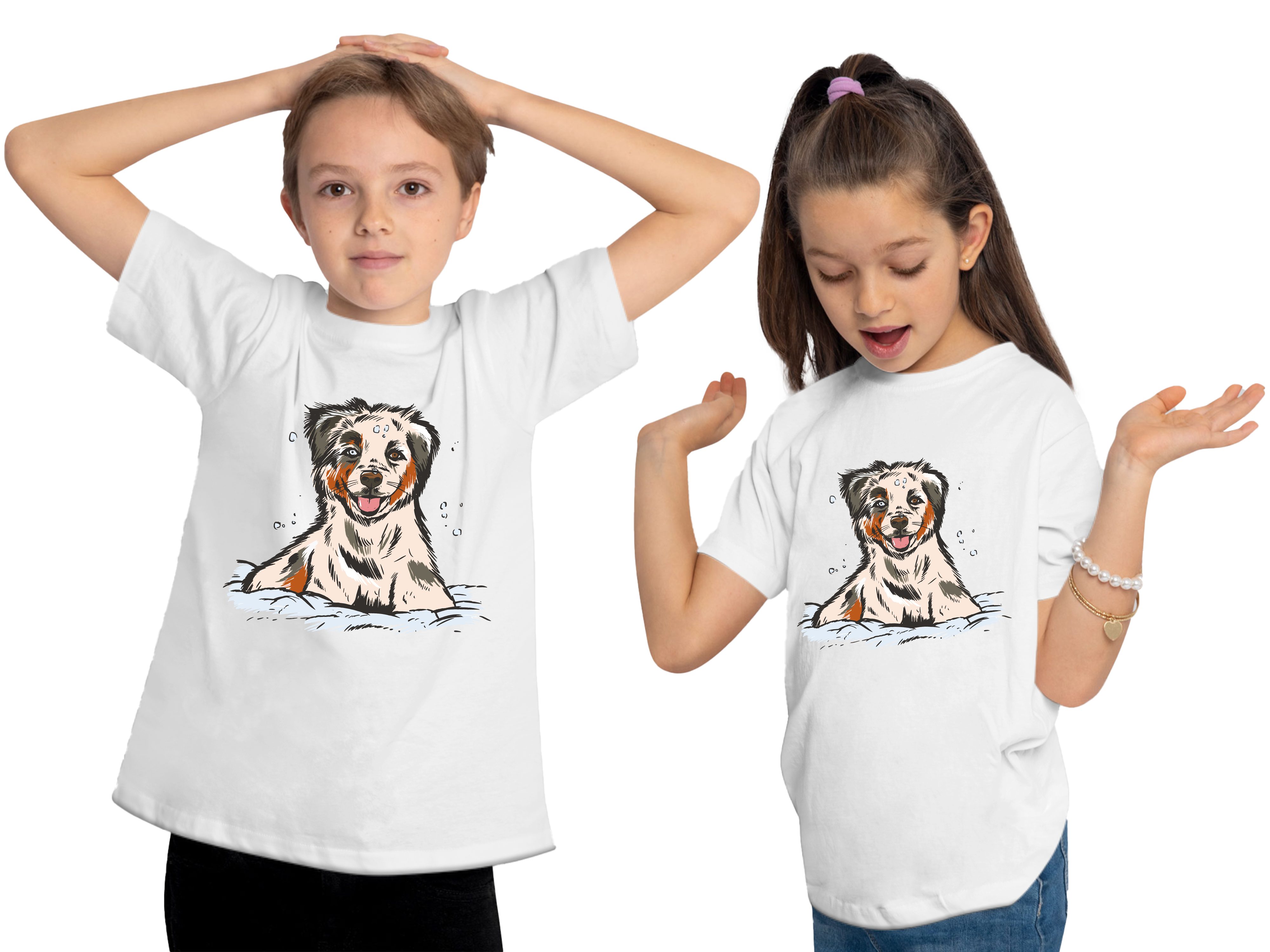 weiss Aufdruck, bedrucktes Kinder Australian Jugend MyDesign24 Hunde Baumwollshirt Print-Shirt Shepherd i216 und mit T-Shirt Welpe