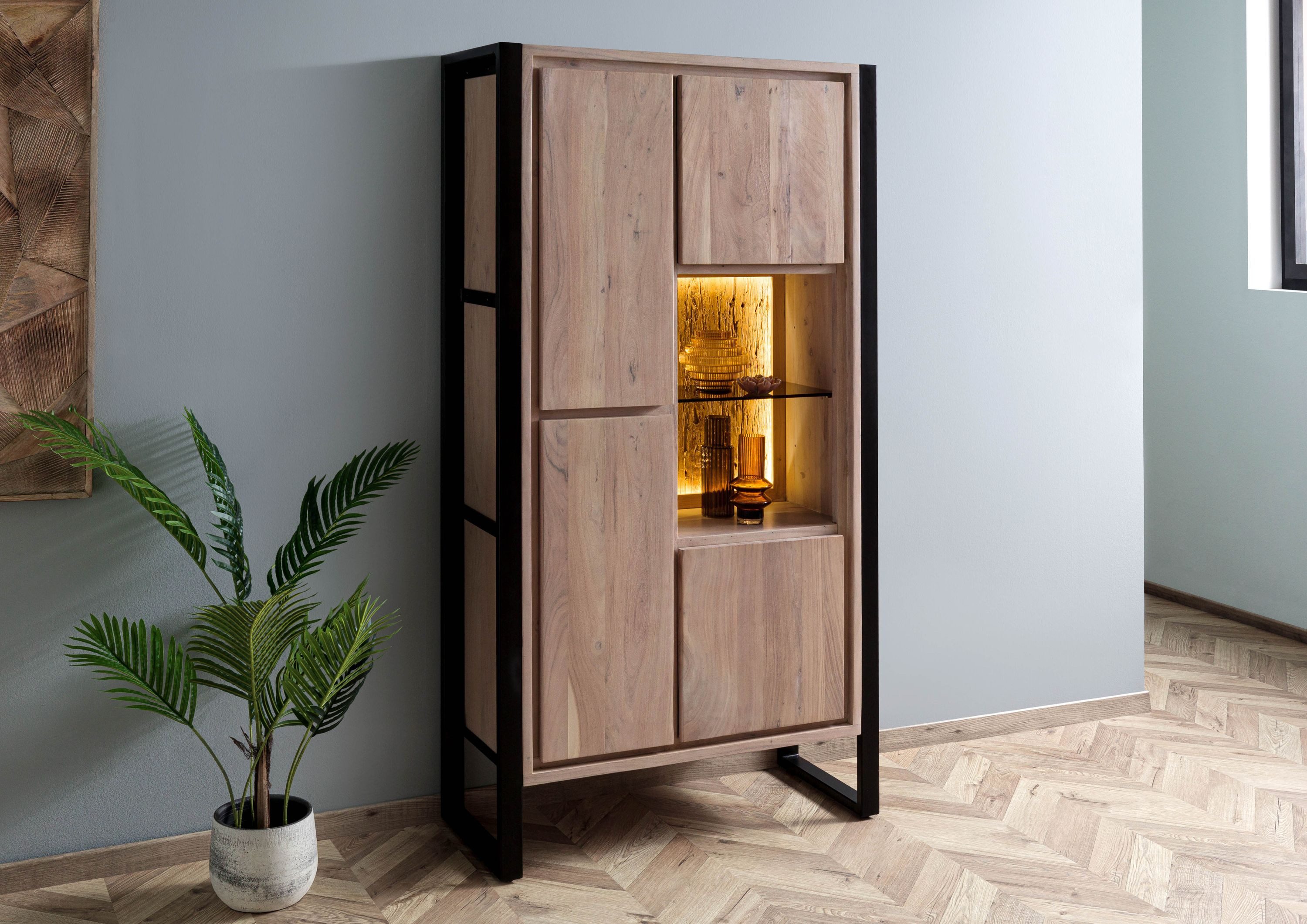 Massivmoebel24 Dreh-/Schwebetürenschrank DENVER (Akazie / Altholz 95x40x180 natur lackiert DENVER #106) Akazie / Altholz 95x40x180 natur lackiert DENVER #106