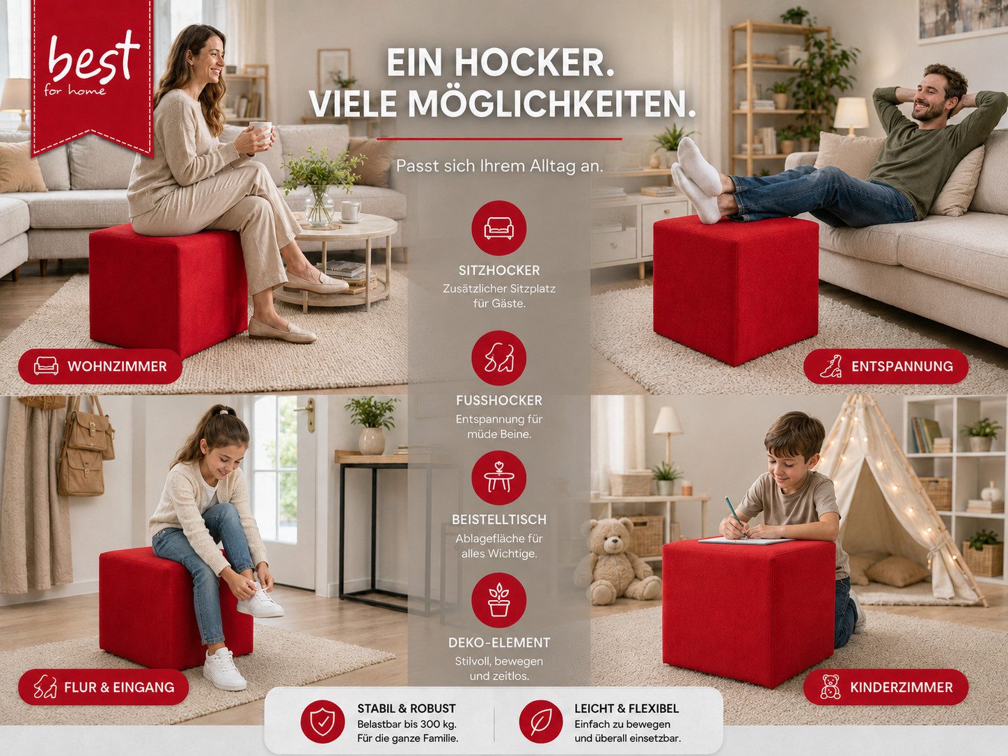 Best for Home Sitzhocker Sitzwürfel 40x40x40 cm – Multifunktionaler Sitzhocker & Fußhocker (Einzelstück, 1 St., verschiedene Farben), Handwerksqualität, pflegel – Bild 3 von 5