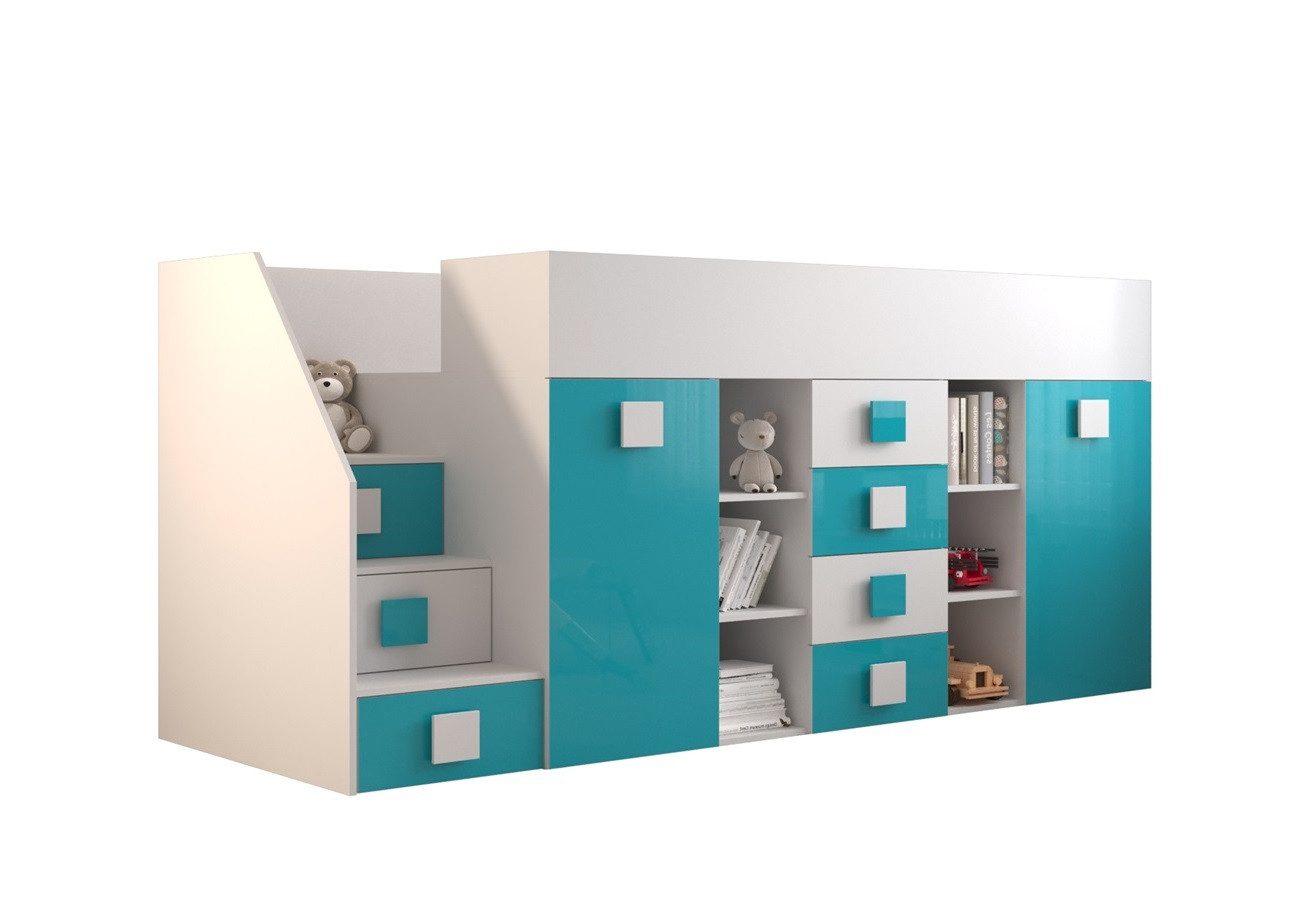 QMM TraumMöbel Hochbett TELLY 3 mit Treppe links (Bett mit Schrank, Schreibtisch, Schubladen, Regale, Treppe) ausziehbarer Schreibtisch mit weiteren Stauräumen