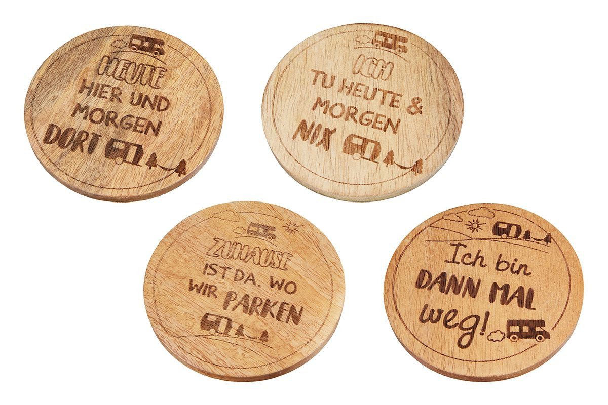 GILDE Glasuntersetzer 4er Set Glas-Untersetzer aus Mangoholz mit Wohnwagenmotiven, 4-tlg., Untersetzer für Gläser, Tassenuntersetzer