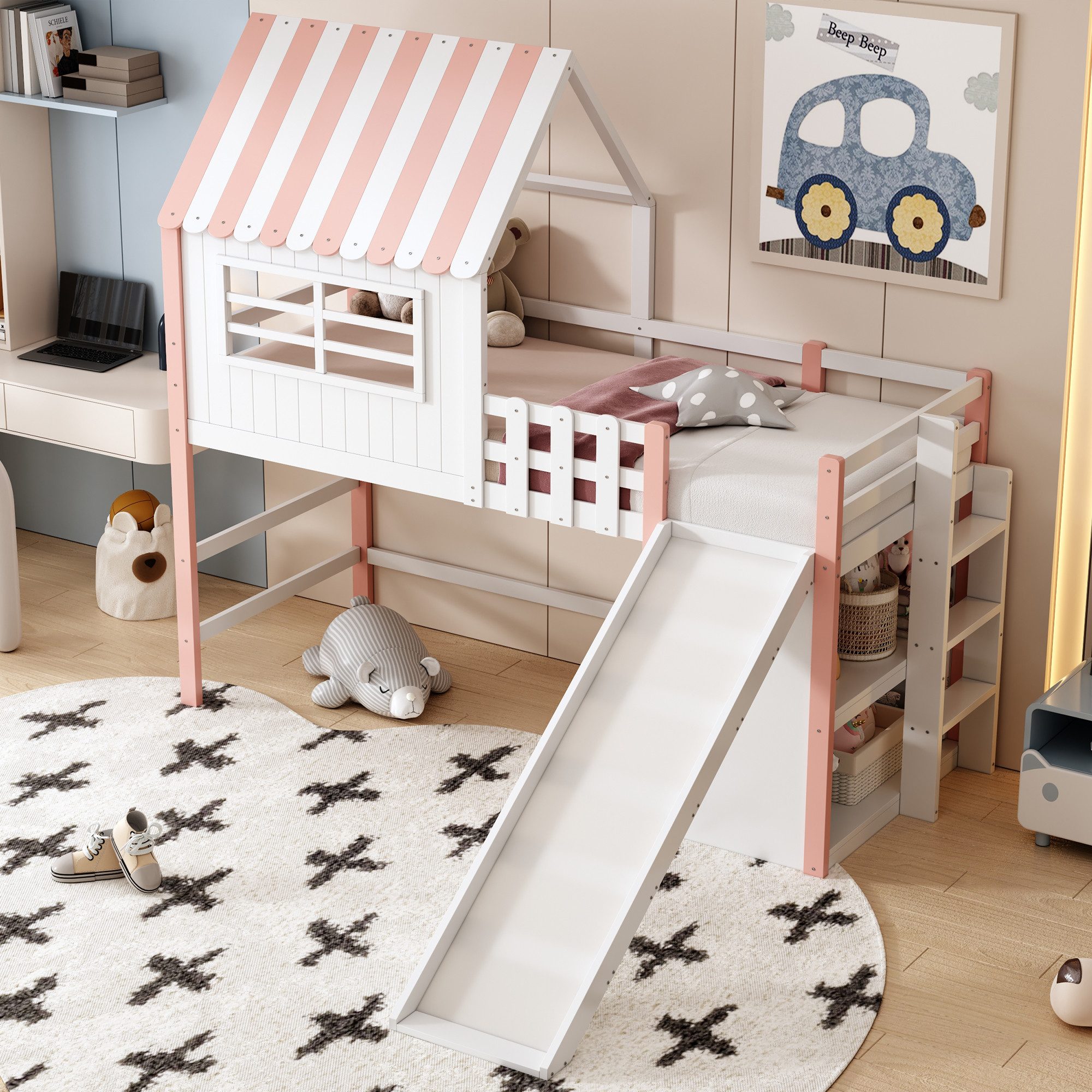 Celya Etagenbett Kinderbett 90 x 200 cm Dachboden-Design (Massivholzbett Einzelbett Hochbett Rosa, Ohne Matratze), mit Sicherheitsleiter und Sicherheitsrutsche
