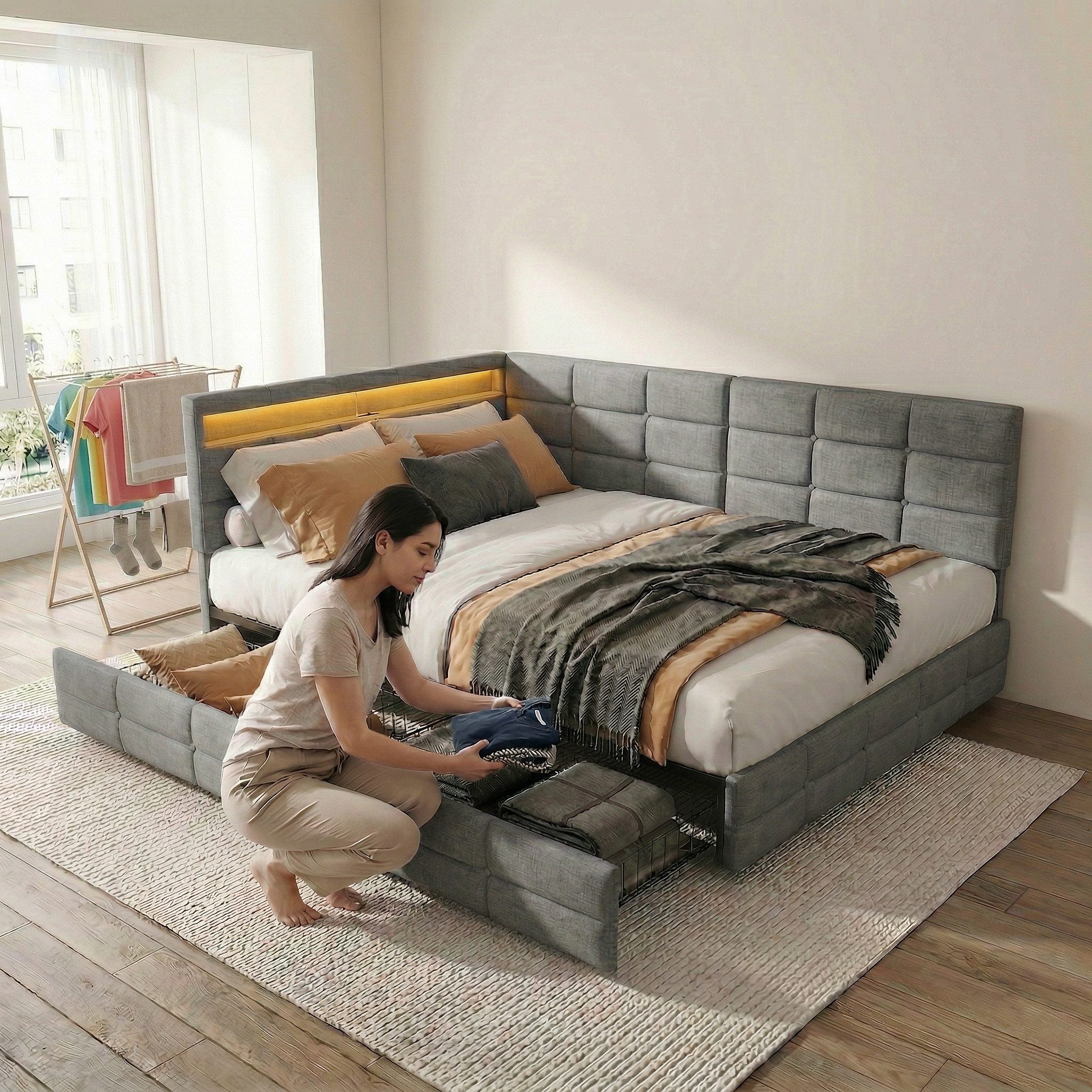 Gdood Polsterbett Daybett Jugendbett Tagesbett (1-tlg., 2 Schubladen, Geeignet für Jungen und Mädchen), Mit LED-Beleuchtung, Ladefunktion, Leinen, 140x200 cm