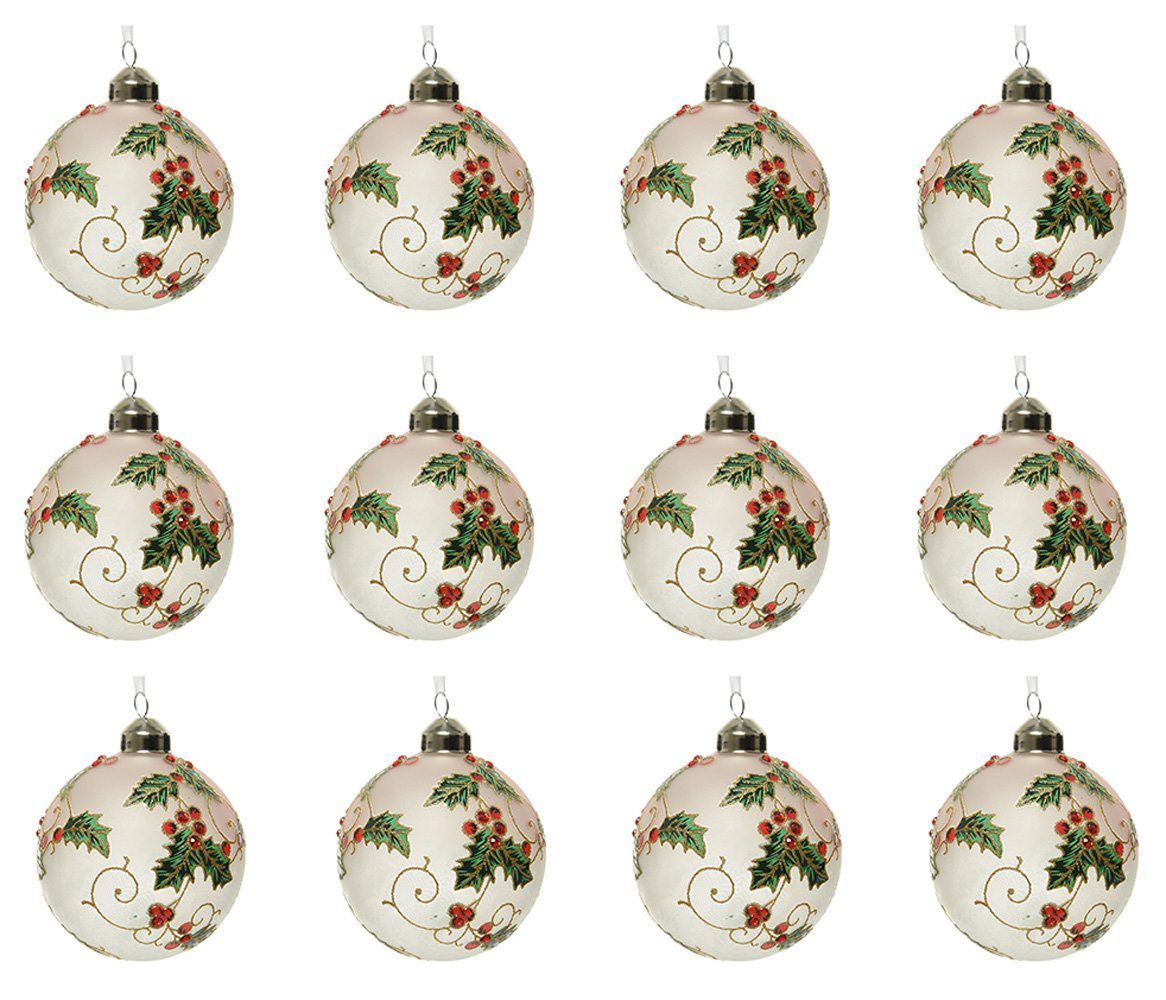 Decoris season decorations Weihnachtsbaumkugel, Weihnachtskugeln Glas Motiv Mistelzweige 8cm halbtransparent, 12er Set