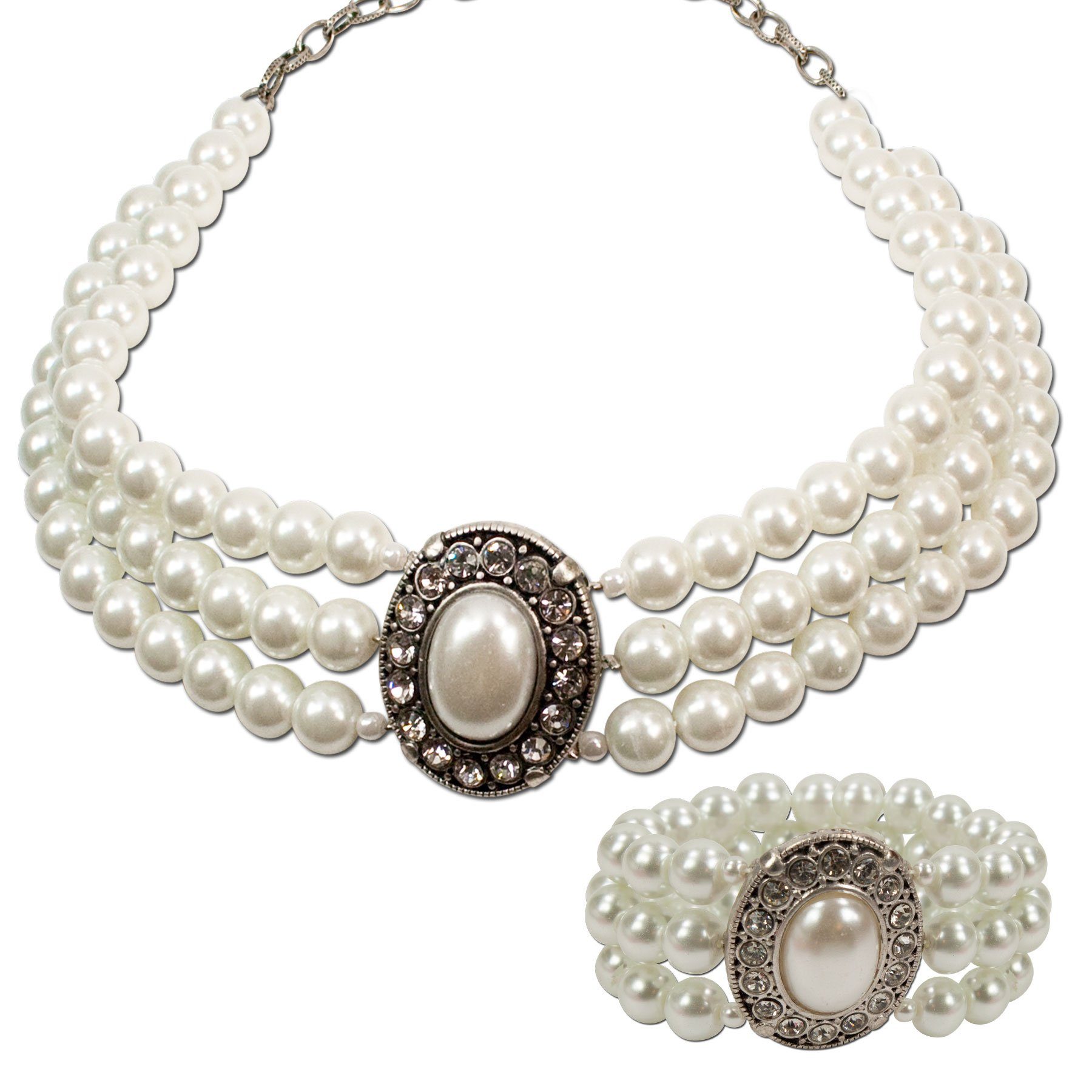 Ketten-Set Trachtenschmuck-Set Perlen-Trachtenkette und Trachten-Armband Sissi (creme-weiß)