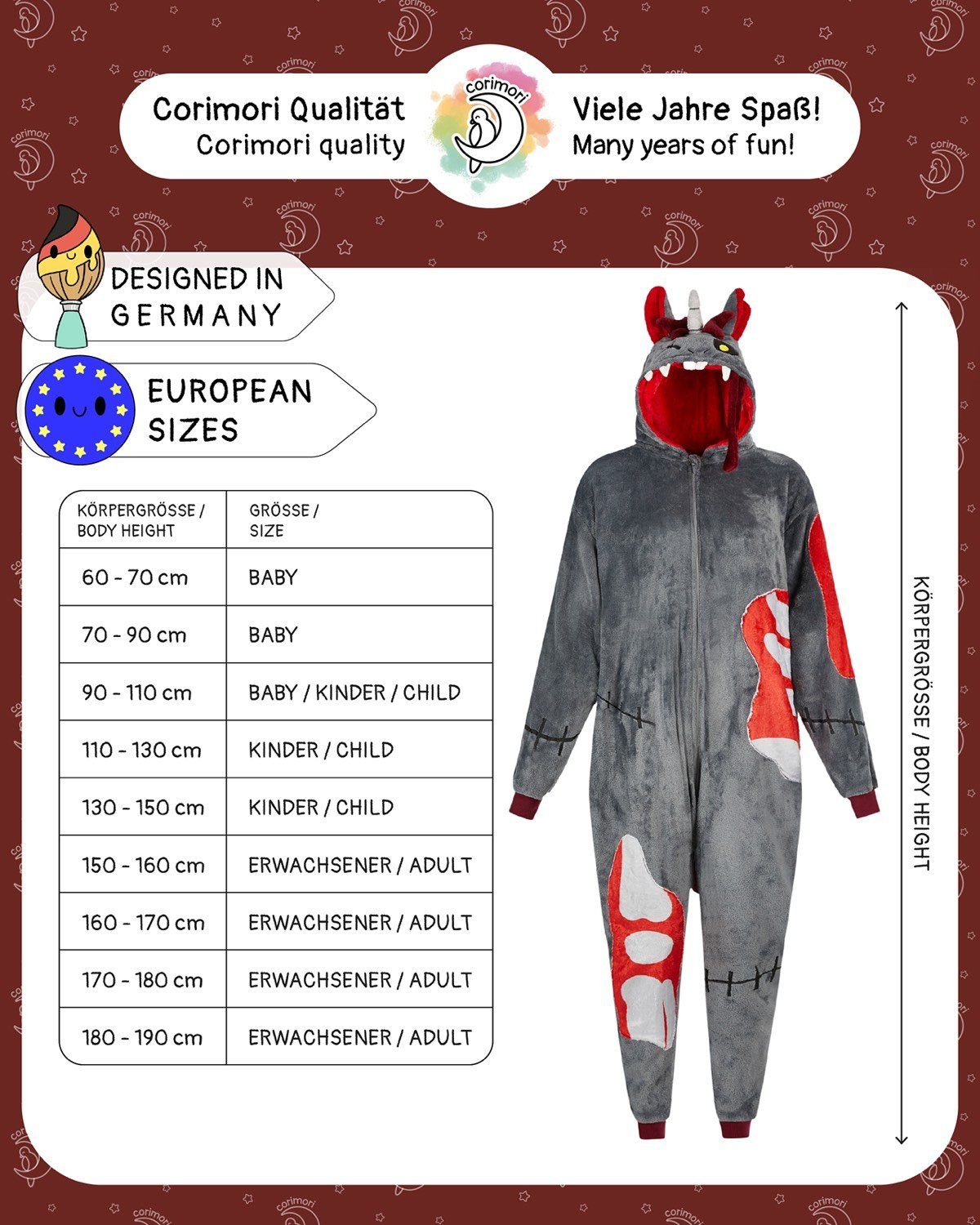 Corimori Jumpsuit Flauschiges Zombie mit Kinder Onesie, (2-tlg) für Haarreif, Mädchen, Jungen, Fasching, Halloween Kostüm Einhorn Karneval