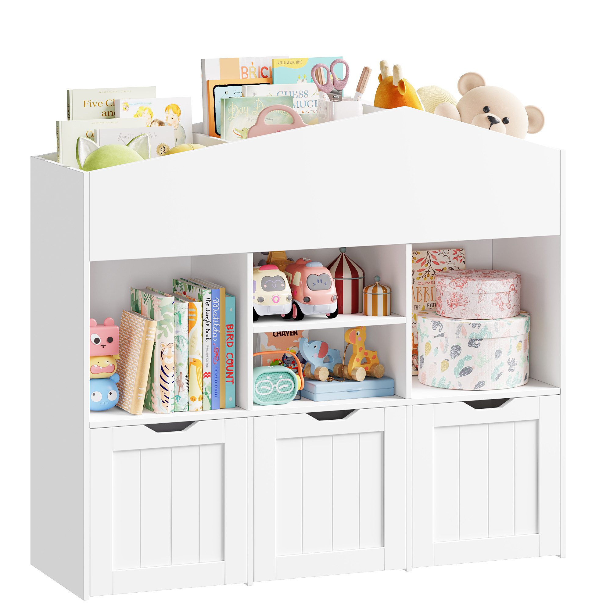 Homfa Kinderregal mit 3 Spielzeugkisten auf Rollen, pielzeugregal mit 7 offenen Fächern Spielzeugtruhe 100x90x32,5cm
