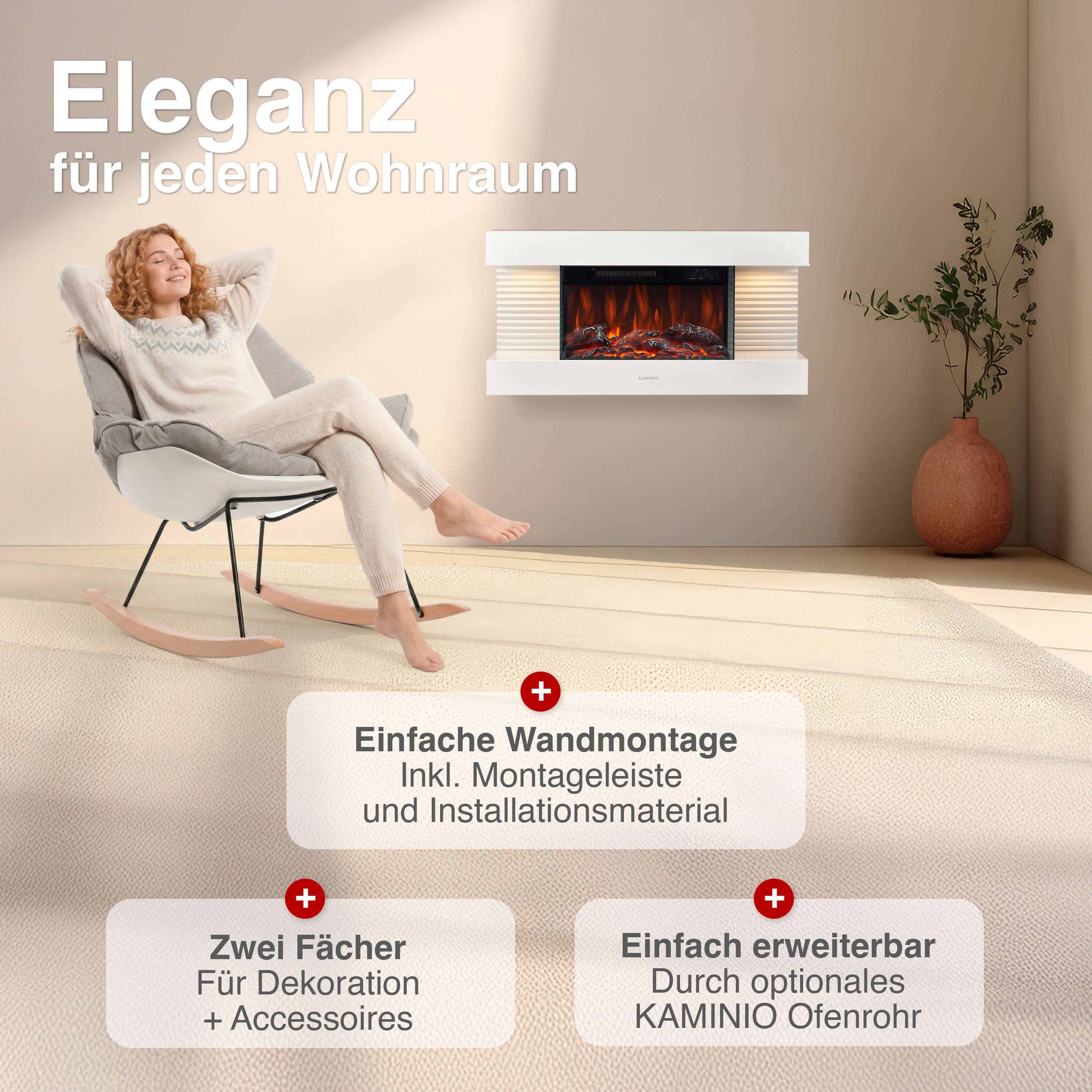 KAMINIO Elektrokamin LIZ, Elektrischer Kamin: 3D-Flammeneffekt, LED-Ambientelicht, Heizung 1800W