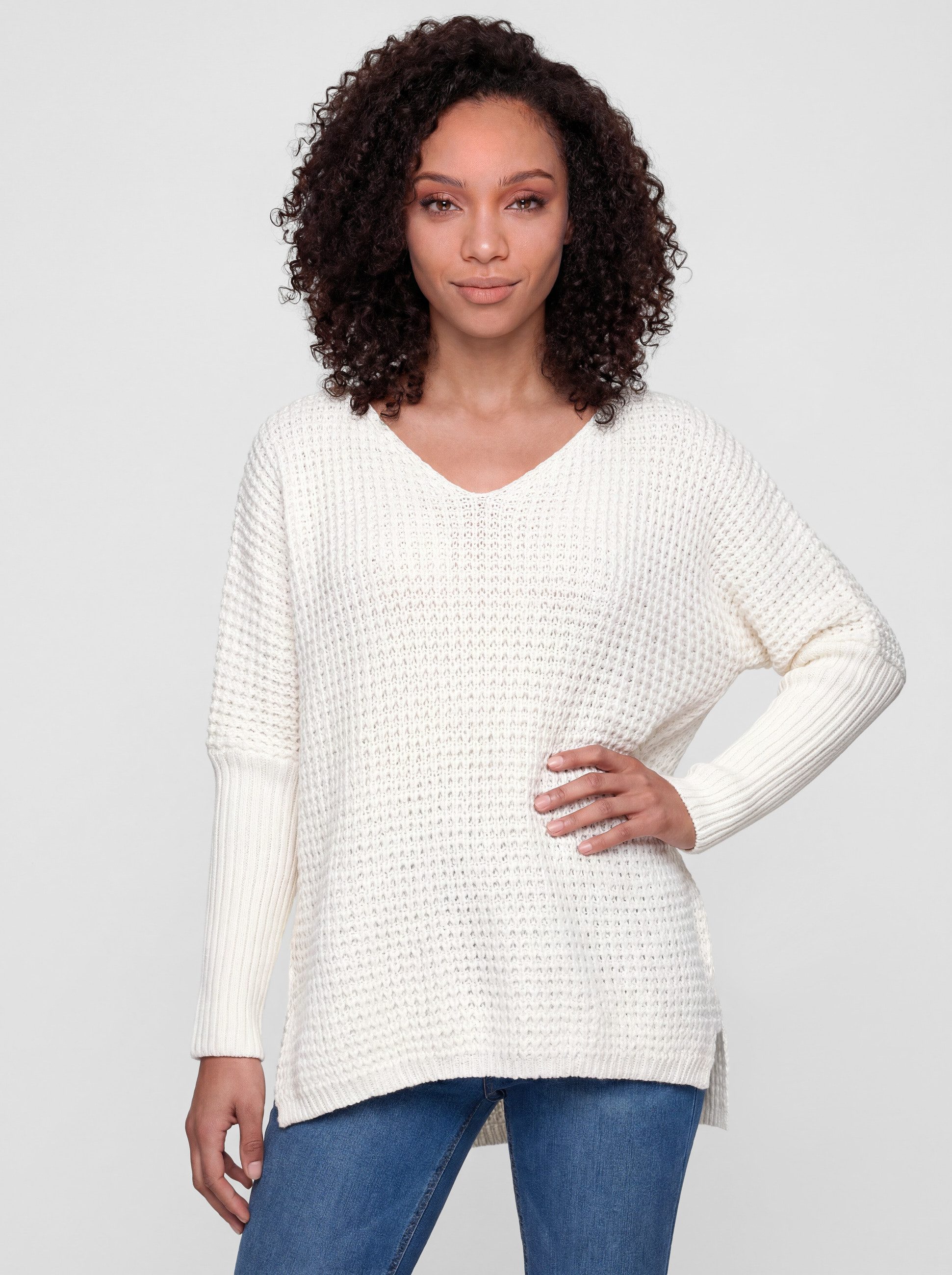 PEKIVESSA Strickpullover Oversize Grobstrick-Pullover mit V-Ausschnitt am Ärmel breiter Rippstrick