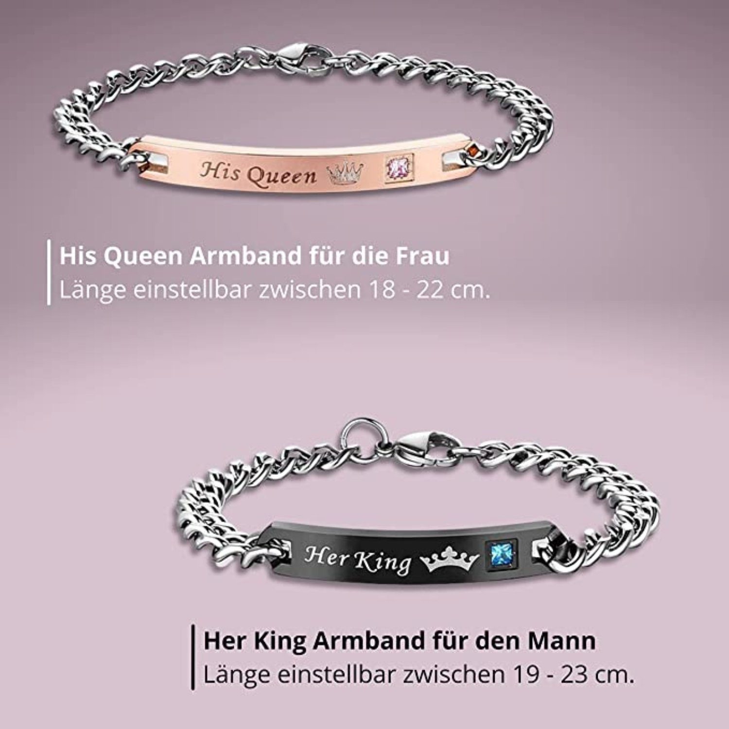 Binego Armband mit Gravur Her King His Queen Partnerarmbänder Geschenk Armbänder (Set, 2-tlg., inklusive Geschenkbeutel), Geschenkset mit Geschenkbeutel – Bild 2 von 5