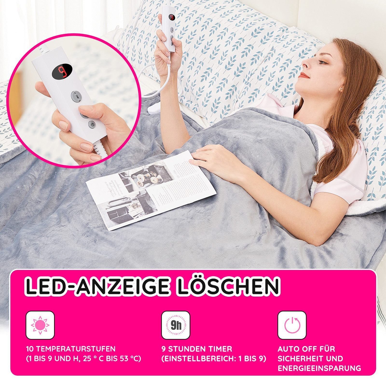 Mia&Coco Heizdecke mit abschaltautomatik, 10 Heizstufen Up-to-9 Stunden, Flanell Waschbar 130x160cm Grau
