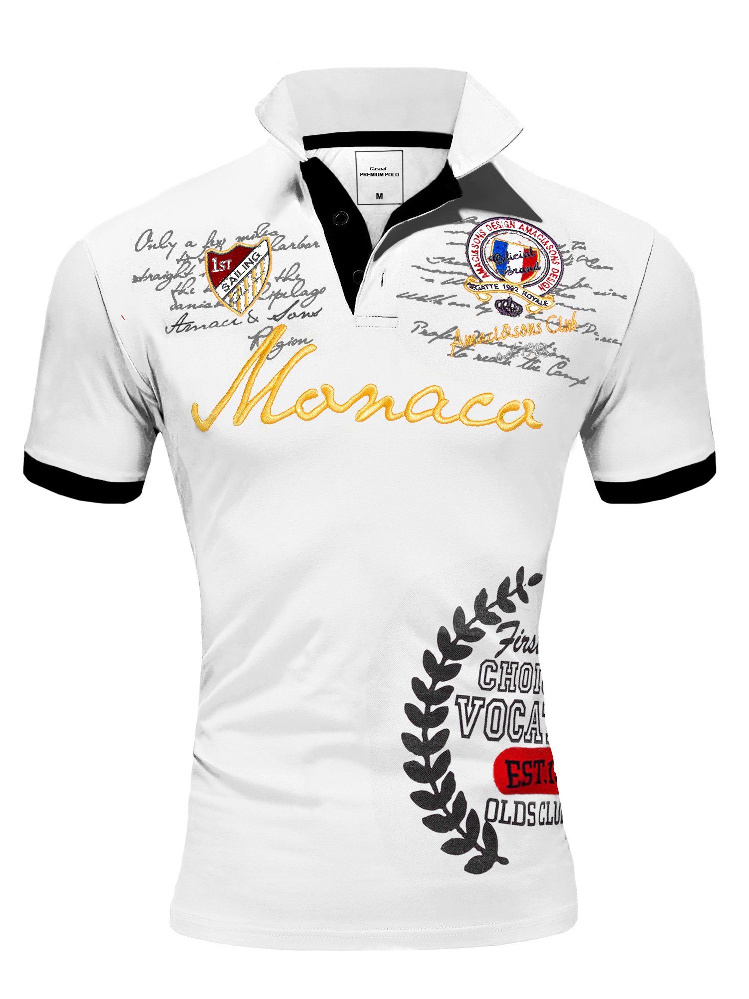 Basic Kontrast Poloshirt Weiß Stickerei Monaco T-Shirt Stickerei Kurzarm mit Monaco Poloshirt Polohemd Kurzarm Amaci&Sons Herren
