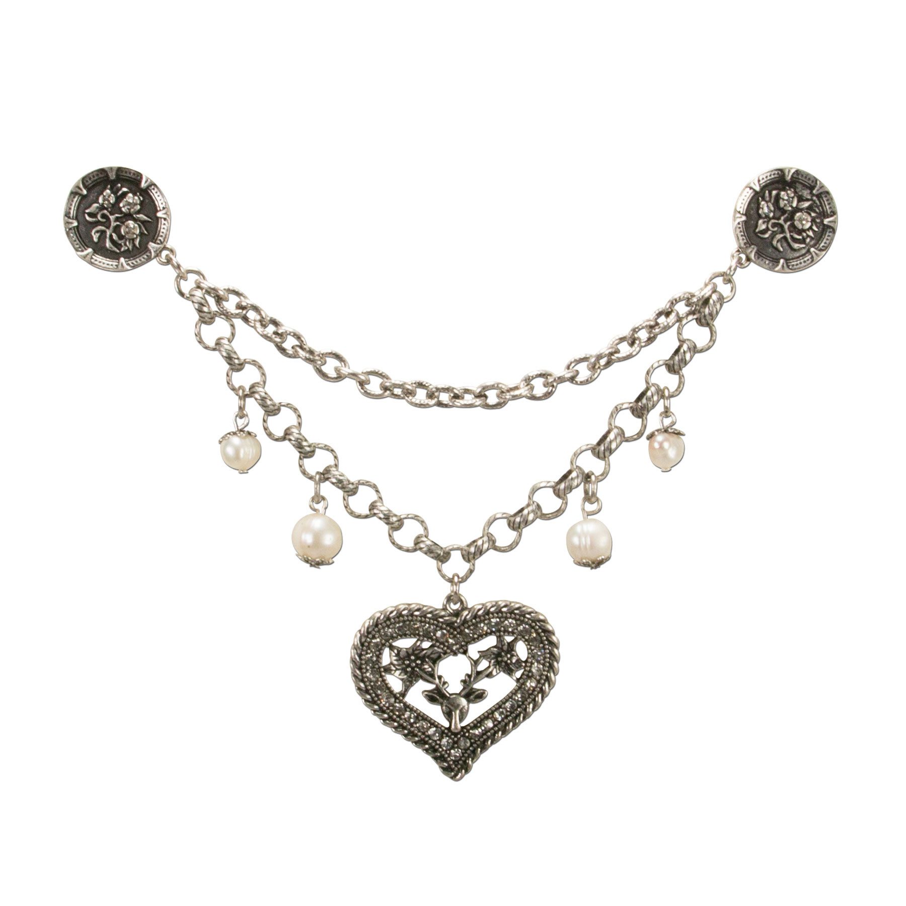 Kette mit Anhänger Pin-Charivari Strassherz- Hirsch (antik-silber-farben)