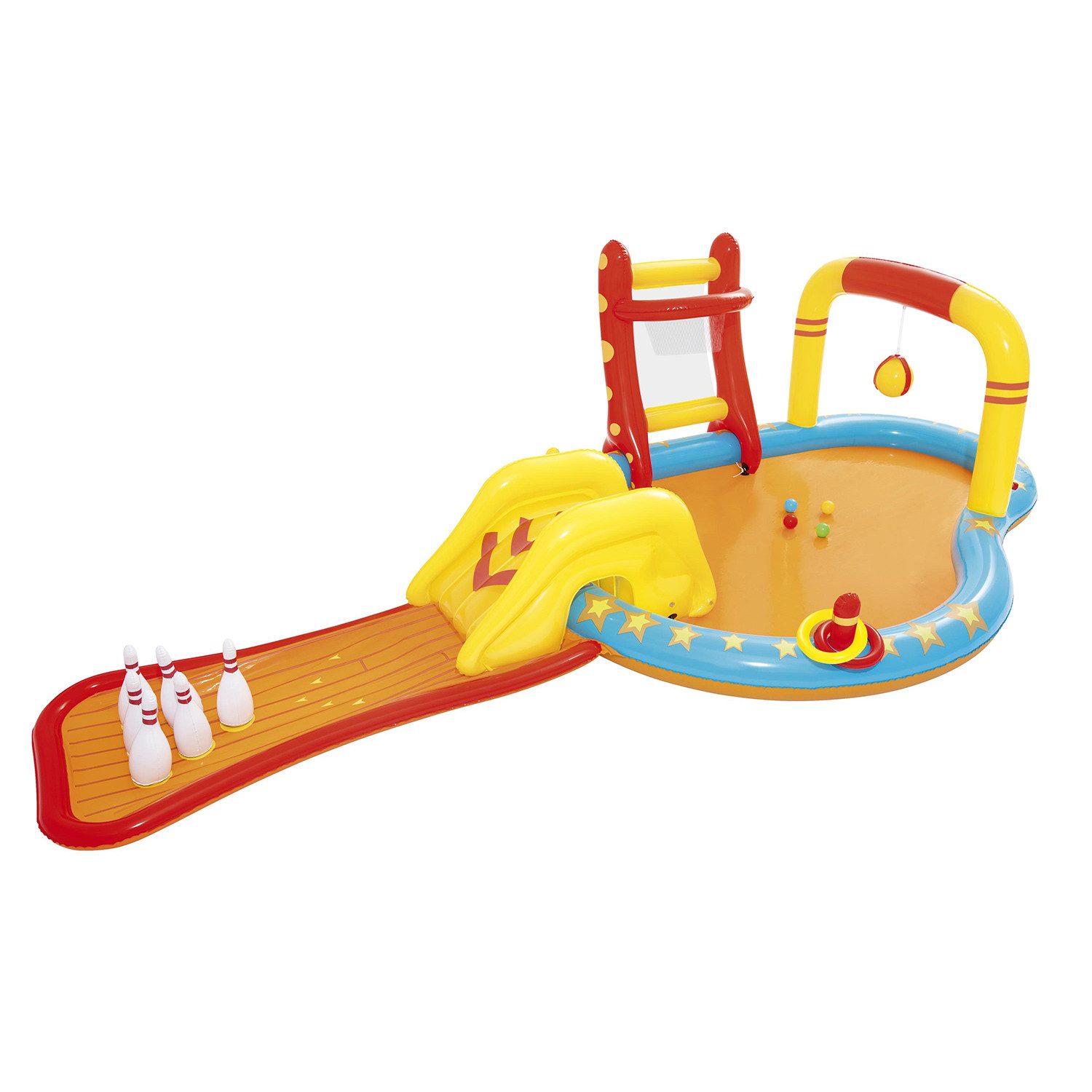 Bestway Planschbecken Kleiner Champion, (Packung, 1-tlg., Inkl. Rutsche, Ball, Basketballkorb), 435 x 213 x 117 cm