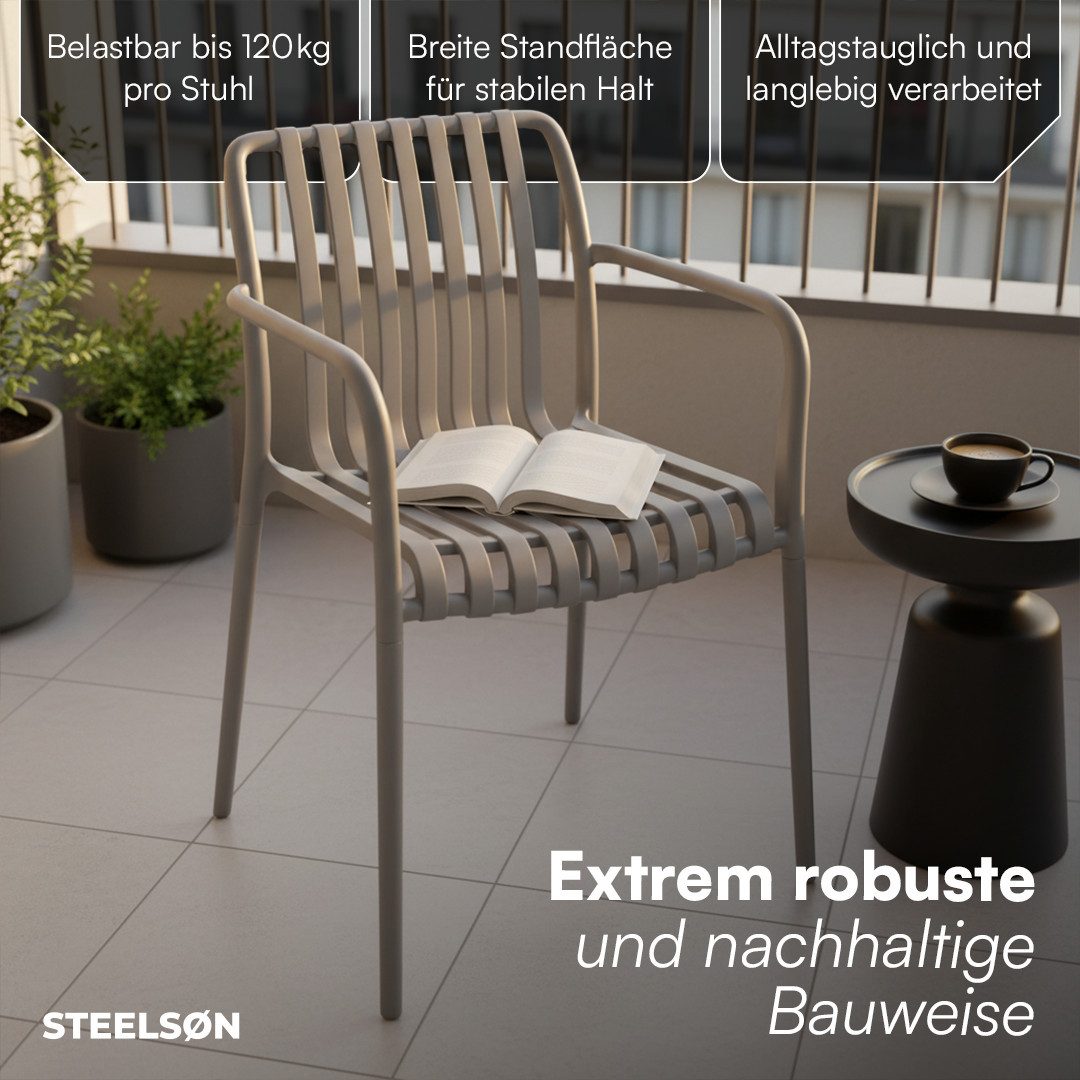 STEELSØN Gartenstuhl Pincoya wetterfest und UV-beständig (grau, 2er Set), stapelbarer Balkonstuhl Kunststoff, verfügbar als 2er/4er/6er Set