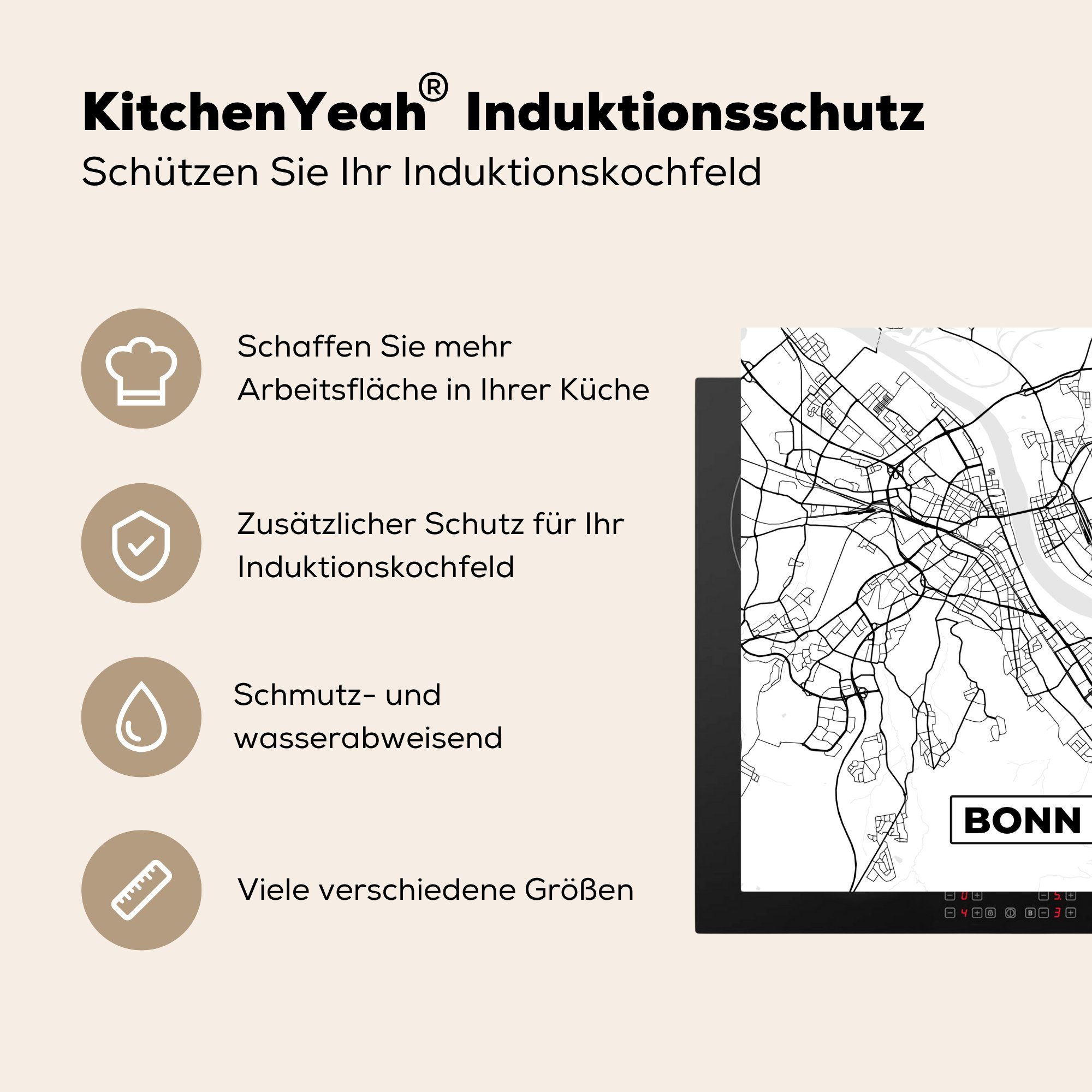 küche Arbeitsplatte Karte Vinyl, - Stadtplan, Herdblende-/Abdeckplatte 78x78 Ceranfeldabdeckung, - Bonn cm, tlg), für (1 MuchoWow