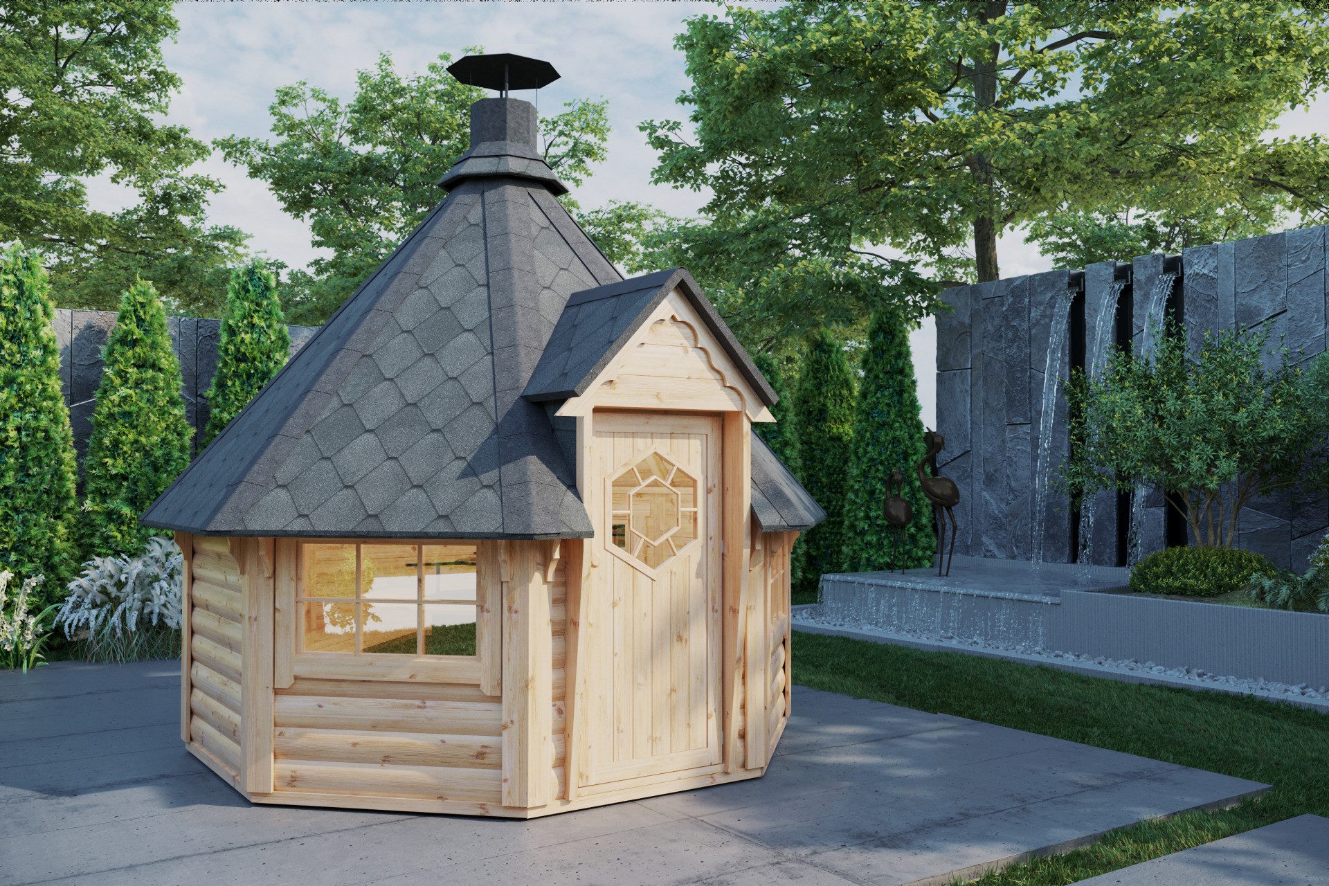 Finn Art Blockhaus Grillkota Grillpavillon 8-eckig Elegance 6,9 max. 12 Personen, BxT: 291x291 cm, Schindeln schwarz, mit Grillanlage, mit 18 mm Fußboden
