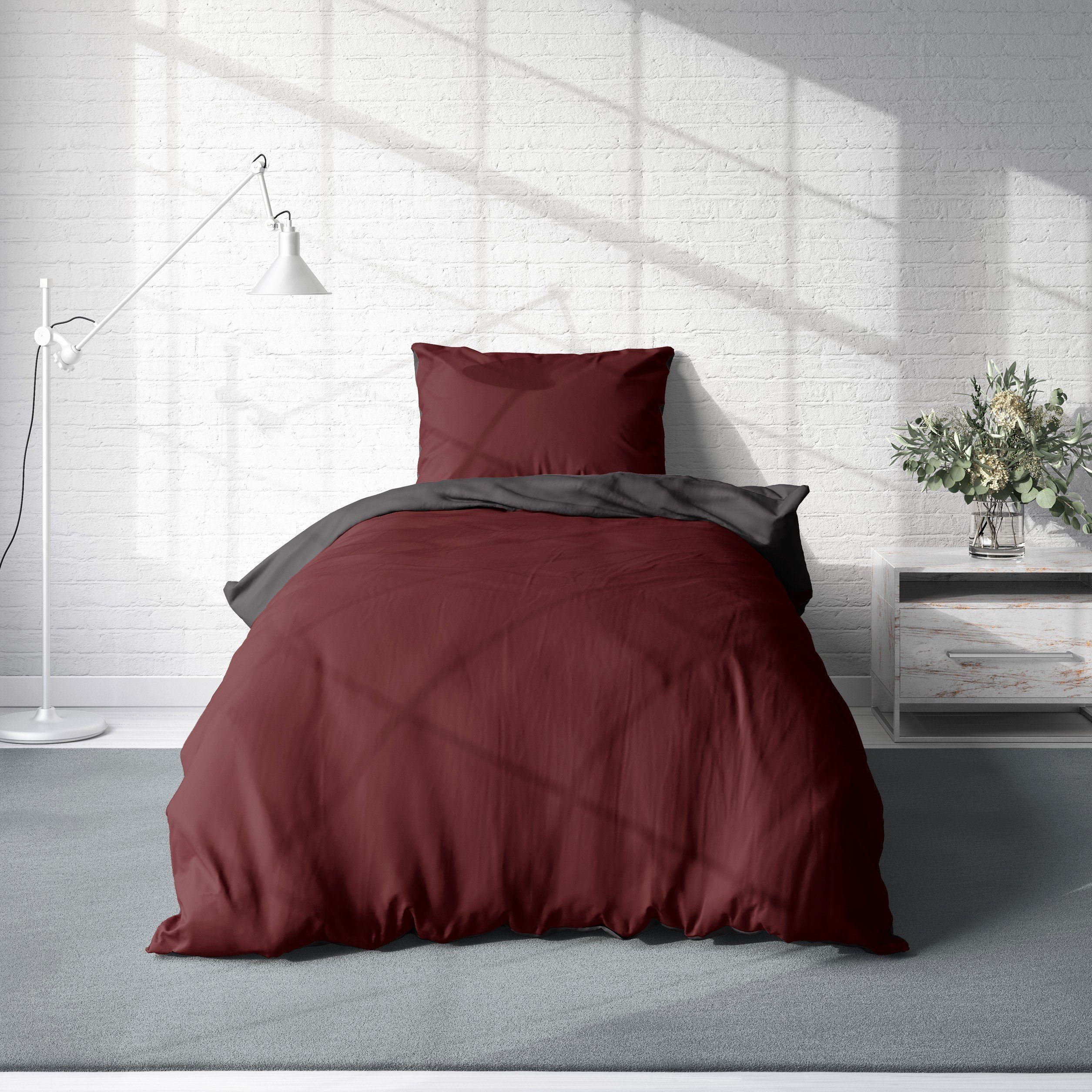 One Home Wendebettwäsche Doubleface, Mikrofaser, 4 teilig, bordeaux / anthr günstig online kaufen