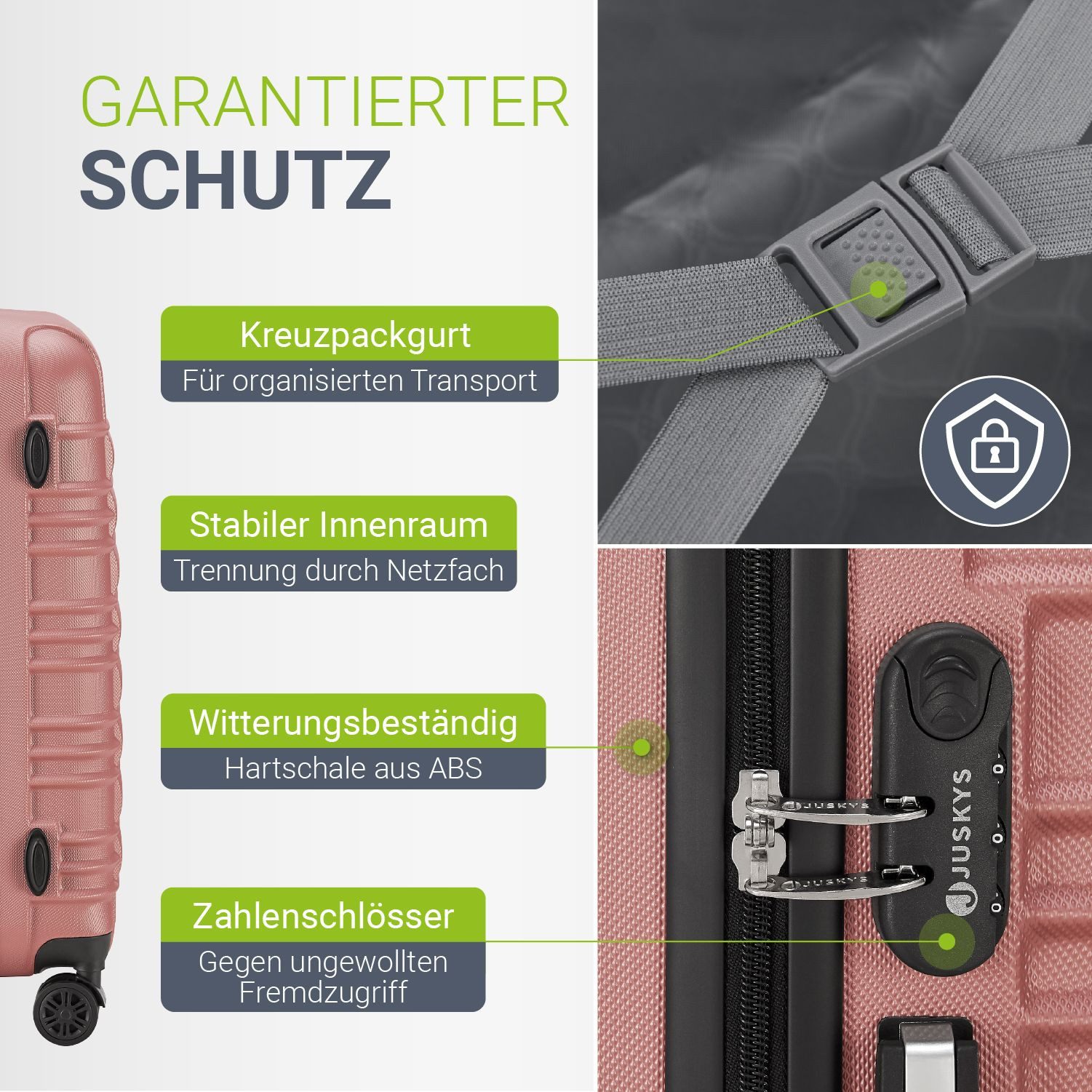 Juskys Trolleyset Rom, 4 Rollen, (4 tlg., 4-teilig), 4 Koffer, 360° Rollen, robuste Hartschale, mit Zahlenschloss