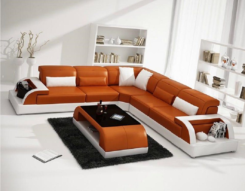 JVmoebel Wohnzimmer-Set Ecksofa L-Form + Couchtisch Sofa Couch Design Polster Leder Modern Orange/Weiß