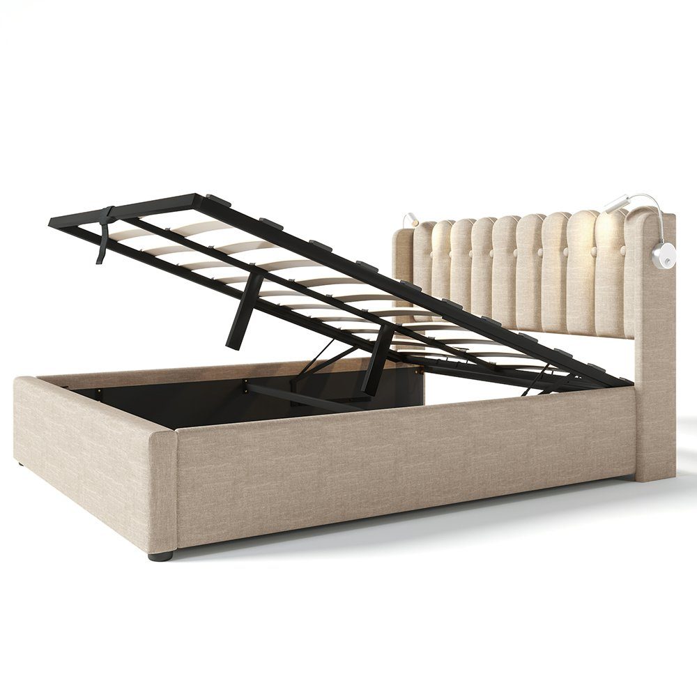 Polsterbett (Hydraulisches Stauraumbett mit Lattenrost), Doppelbett 160x200cm mit Leselicht,Ladefunktion, Leinen, Ohne Matratze