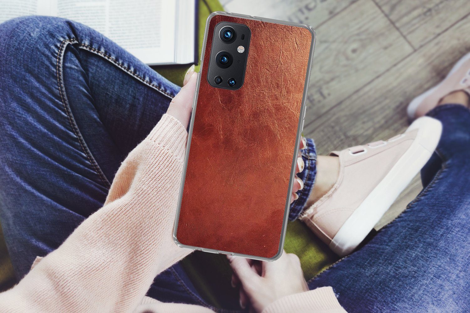 MuchoWow Handyhülle für OnePlus 9 Pro Leder - Lederoptik - Braun - Hell, Phone Case, Silikon, Schutzhülle Dünn