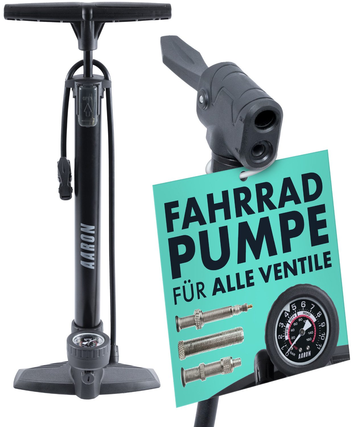 AARON Luftpumpe AIR Standpumpe mit Manometer und Ball-Aufsatz, Fahrrad, Schwarz