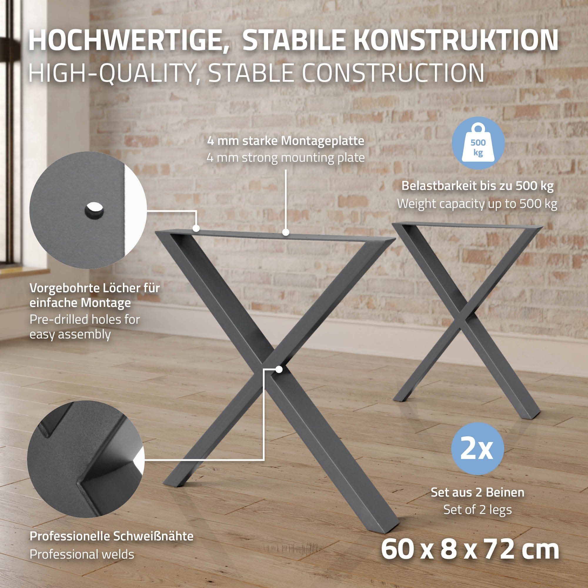 Germany Stahl Möbelfüße, Tischkufen 2er ECD X-Form Set Tischbein Anthrazit 60x72cm X-Design Tischgestell Tischuntergestell Industriedesign