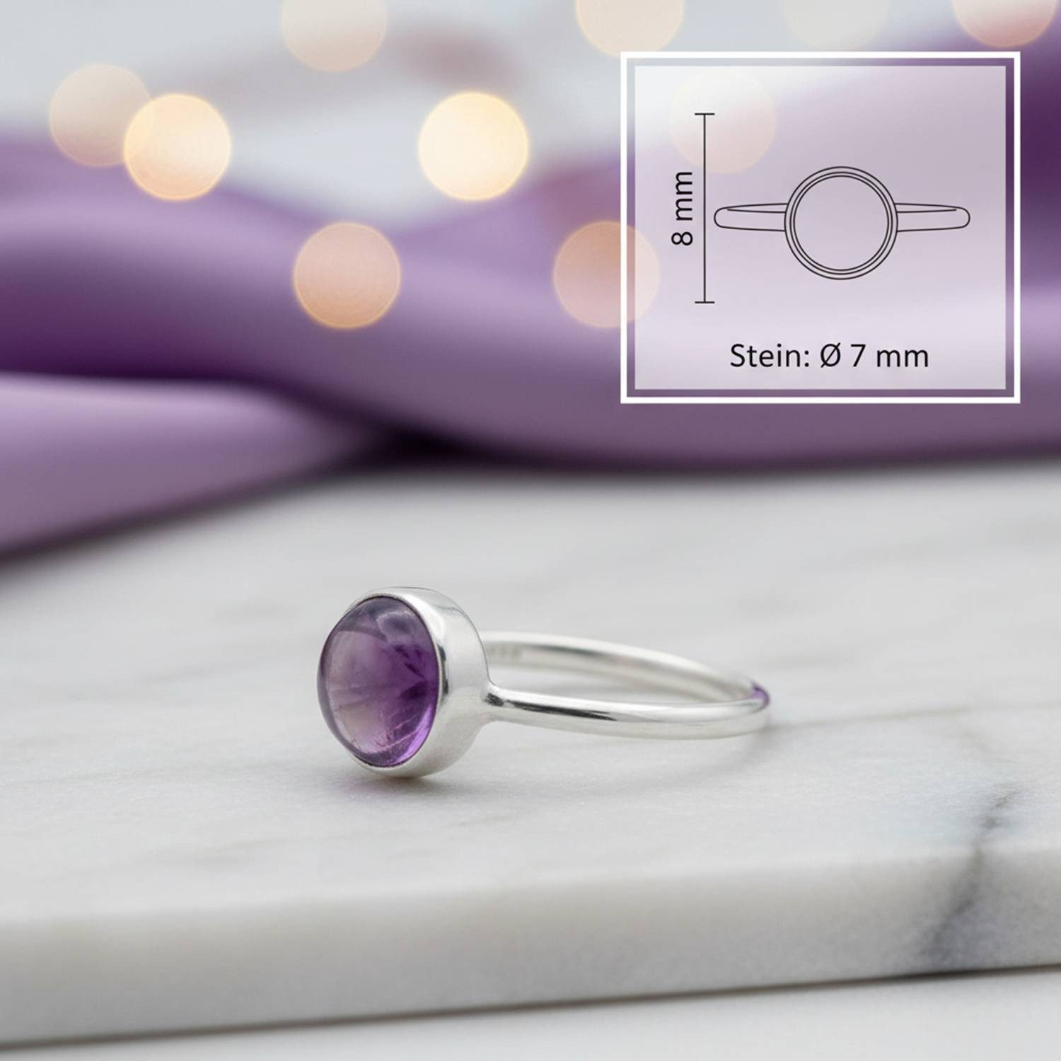 mantraroma Silberring SAMA rund aus 925 Silber mit Amethyst (Ring mit Schmuckbeutel), Damenring aus 925er Silber