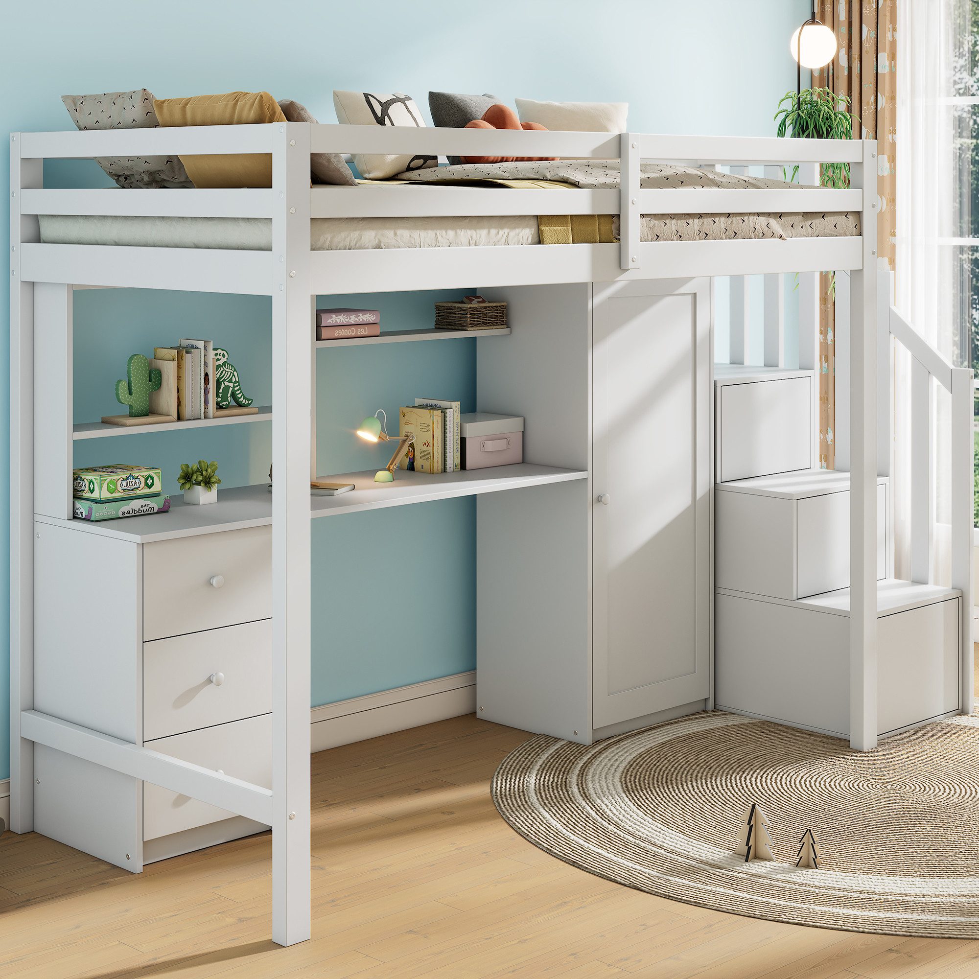 MODFU Etagenbett mit integriertem Schreibtisch (Multifunktionales Kinderbett, 90*200, ohne Matratze, 3 Schubladen, 3 Treppenschränken), mit Lattenrost, Leiter, Kleiderschrank und großem Stauraum