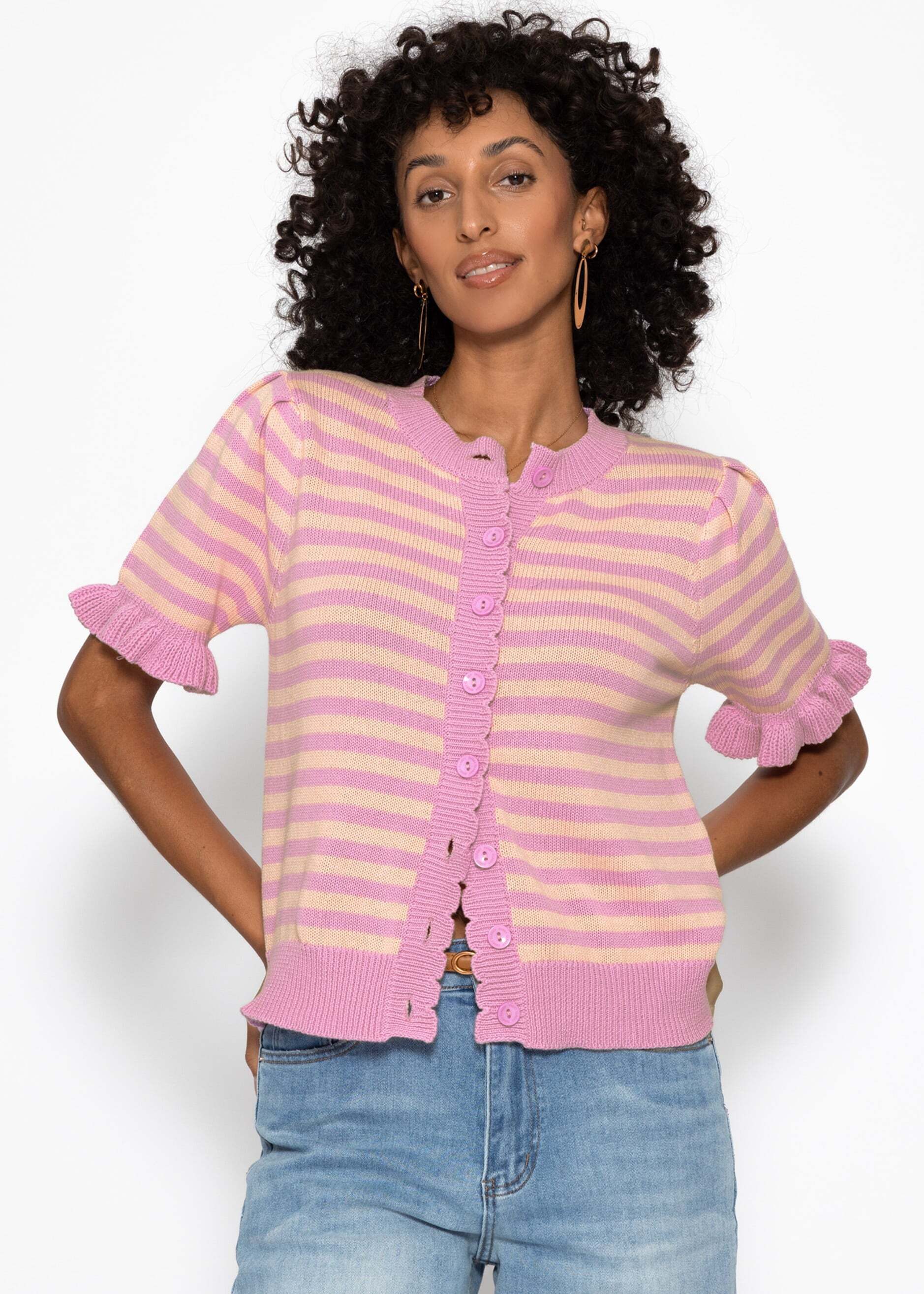 SASSYCLASSY Cardigan Gestreifte Kurzarm-Strickjacke mit Volants Damen Versp günstig online kaufen