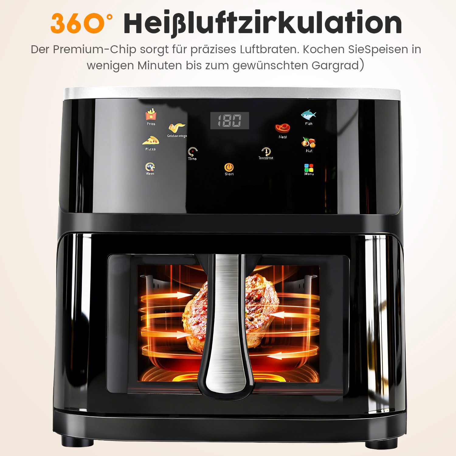 oyajia Heißluftfritteuse XXL Airfryer 10L mit LED-Farbdisplay & Sichtfenster, 6 Programme, LED-Touchscreen in Farbe, einfacher Reinigung, 2000 W, Heißluftfritti – Bild 5 von 5
