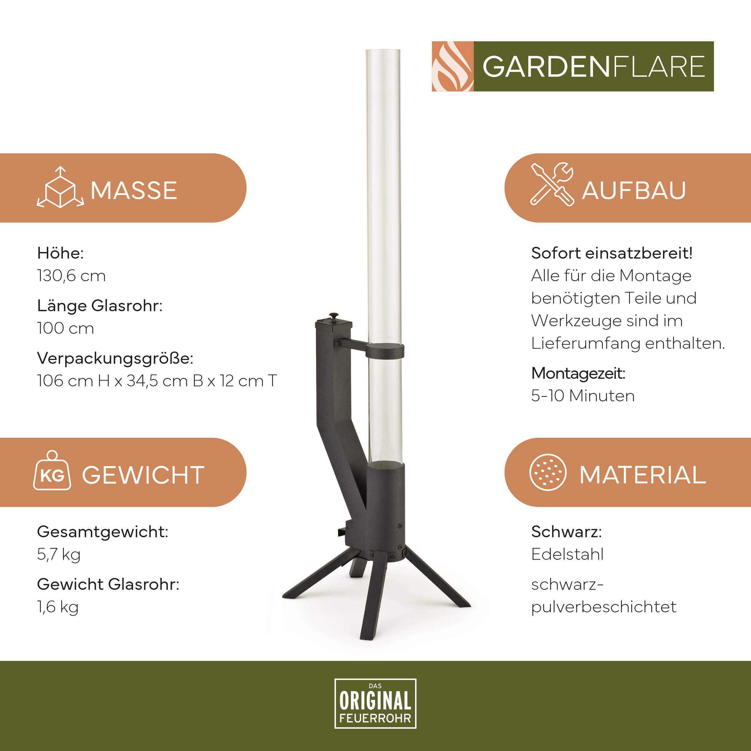 Gardenflare Gartenkamin /Feuerrohr elegante Edelstahl Feuersäule und Pelletfackel, Elegantes Design & Premium-Qualität