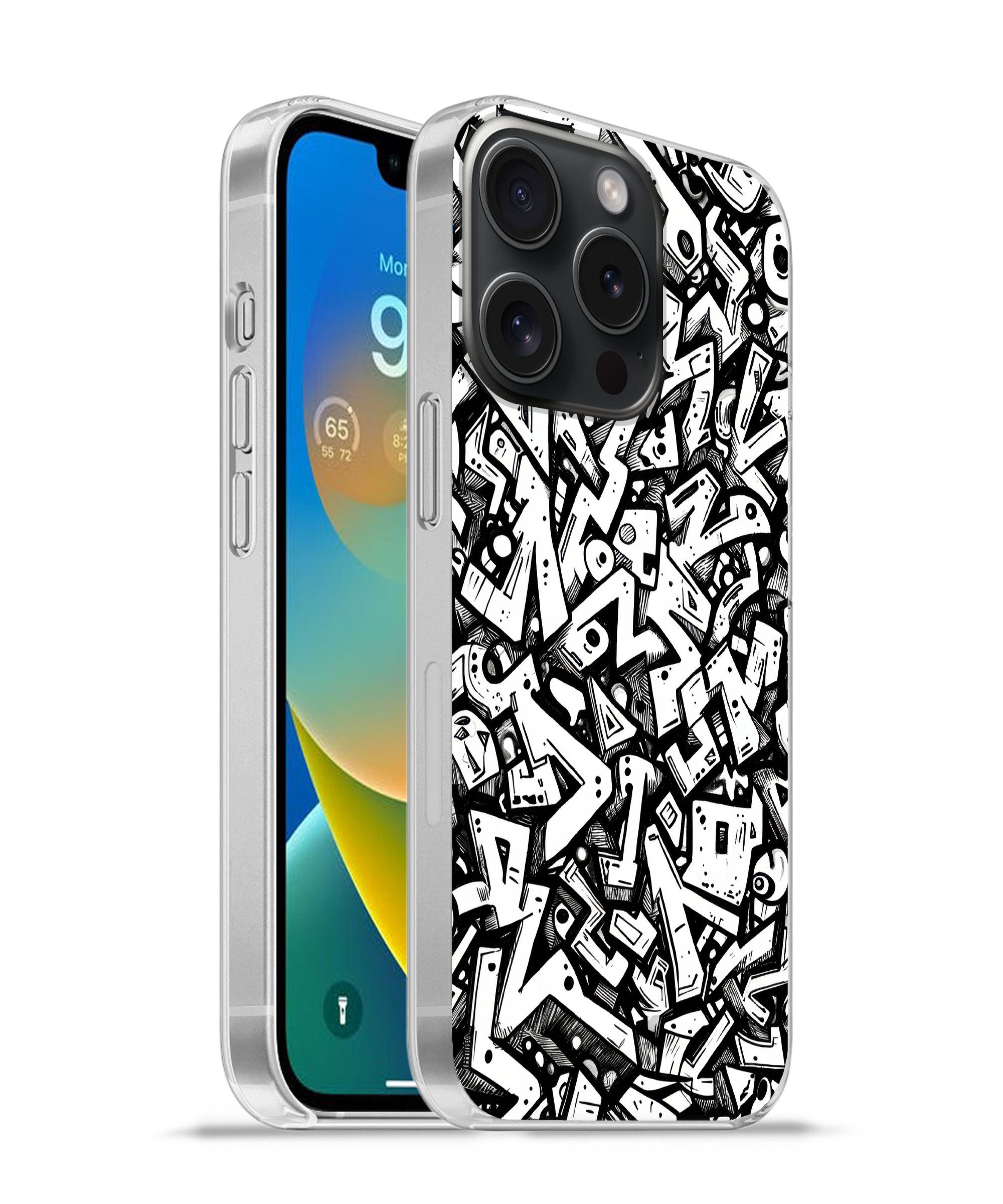 MuchoWow Handyhülle für Apple iPhone 15 Pro Formen - Buchstaben - Graffiti - Schwarz, Smartphone-Bumper, Print, Handy Schutzhülle Dünn