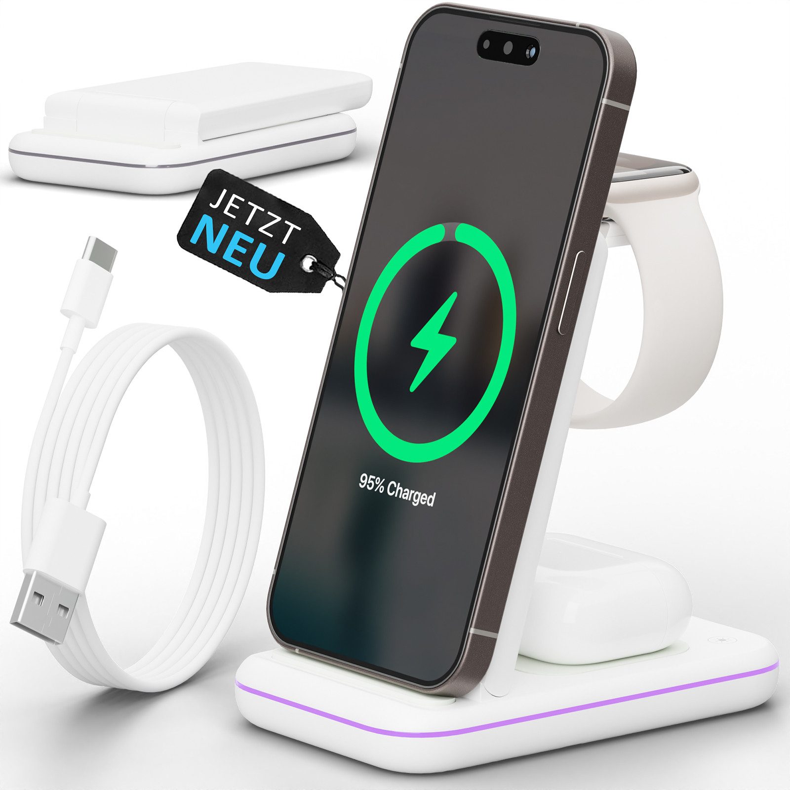 GreenHec Ladestation iPhone Induktiv 3in1 Wireless Charger Apple Watch Kabellos Wireless Charger (3000 mA, Spar-Set, 3in1 PowerBase + USB-C Kabel + 20w Ladegerät, iPhone 17 16 15 14 13 12 Pro Max Air Plus Charging Station 15w Laden)
