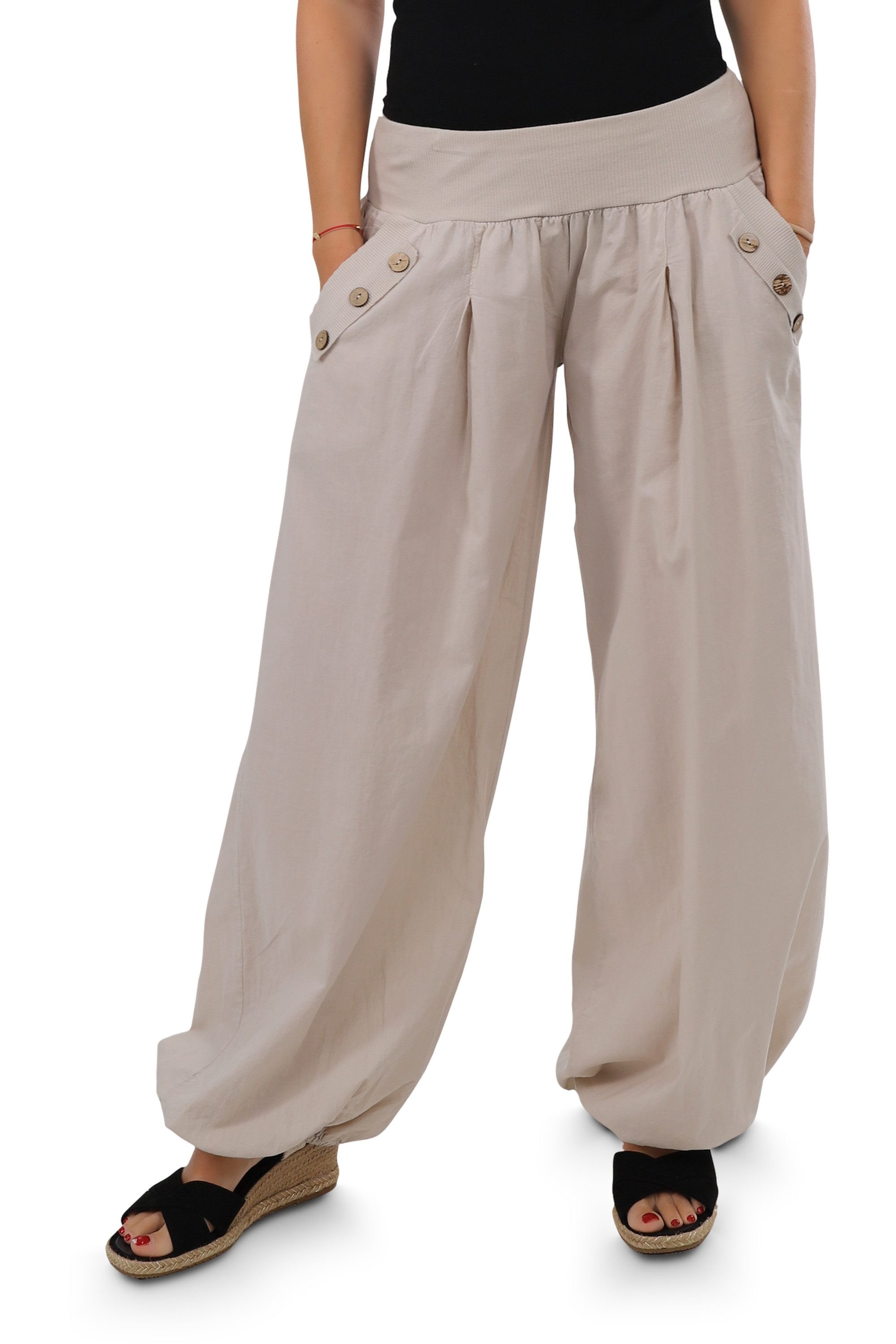 malito more than fashion Haremshose malito Damen Pumphose mit Holzzierknöpfen 23245H Pumphose Sommerhose locker und luftig Einheitsgröße