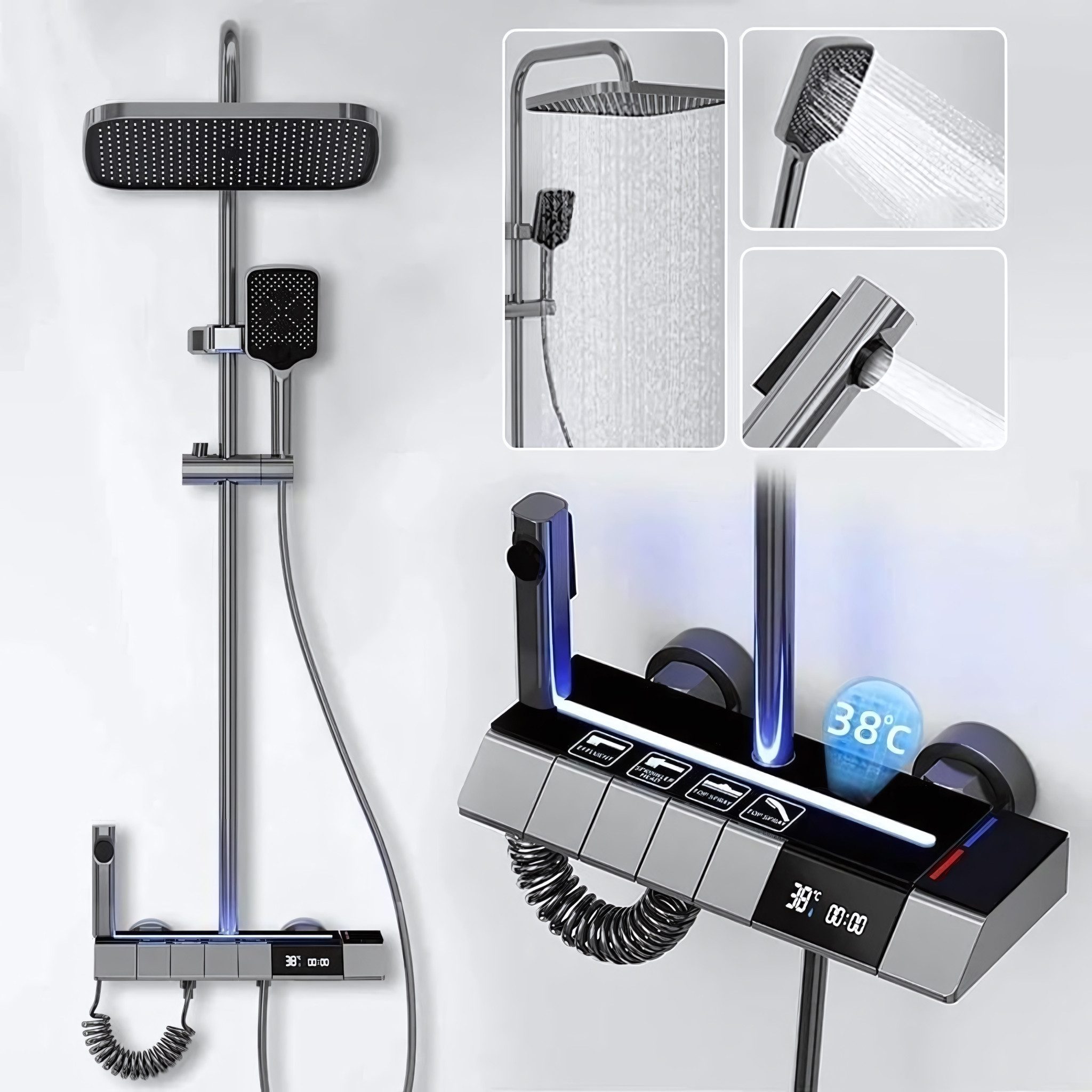 LuxaSteel shower fitting, shower system, rain shower with thermostat, LED lighting, LED display