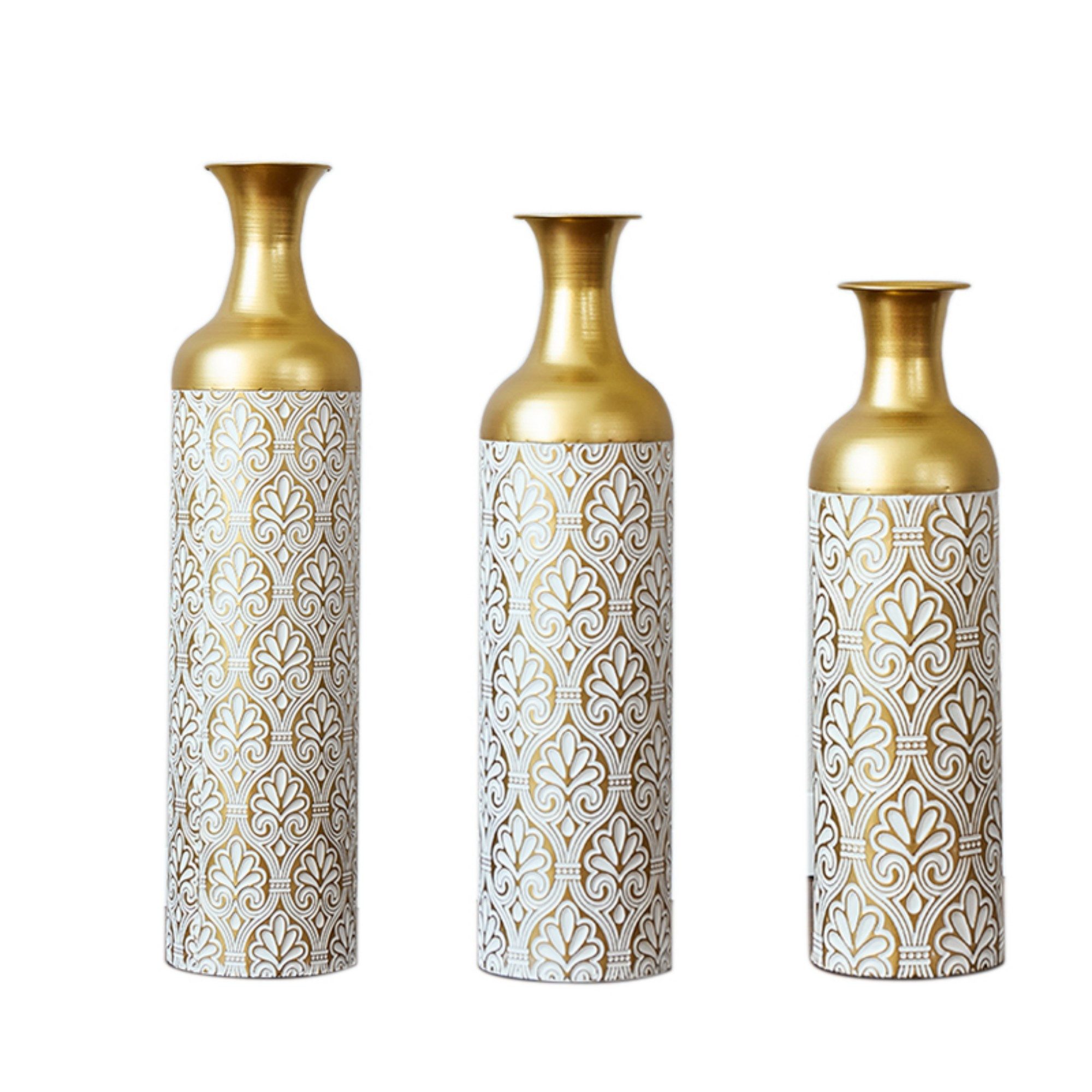 LVHOM Dekovase Bodenvase, Tischvase, 3 tlg. Geometrisches Metall-Vasen-Set, Gold (drei Höhen (50 cm, 66 cm, 83 cm), Handgefertigt aus Metall. Langlebig & makellos. Exklusiv für Trockenblumen/Pampas & Stil, Ideal als Raumteiler, Pflanzübertopf, Solitärobjekt kreativ gestapelt)