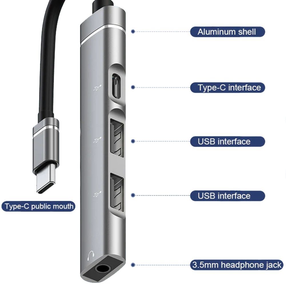 Bolwins K22 4-Port Typ-C auf USB Hub 2.0 + 3.5mm AUX Splitter Laptop PC Handy Computer-Adapter USB-C Stecker zu USB-C, USB-A, 3,5-mm Klinke, 8 cm, 4-in-1 Typ-C Port Extender mit USB & 3,5-mm Audio