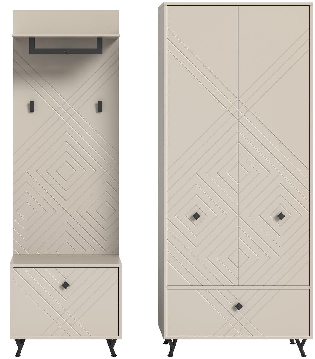 möbelvita Garderoben-Set Memo Garderobenkombination B/H/T 195x190x35 in sandbeige, (1x Garderobenschrank, 1x Sitzbank, 1x Paneel), Front mit gefrästen Ornamenten