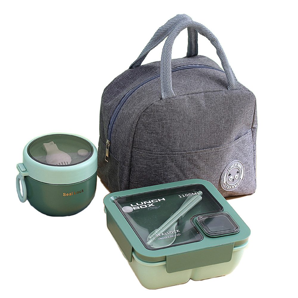 Auledio Lunchbox 1100ml Bento-Box 1100ml Komplettset, Spülmaschinenfest + Isoliertasche, Kunststoff, (Isolierbeutel, Besteck, Suppentasse, Lunchbox mit Fächern), 1100 ml, auslaufsicher, BPA‑frei, kompakt & vielseitig.