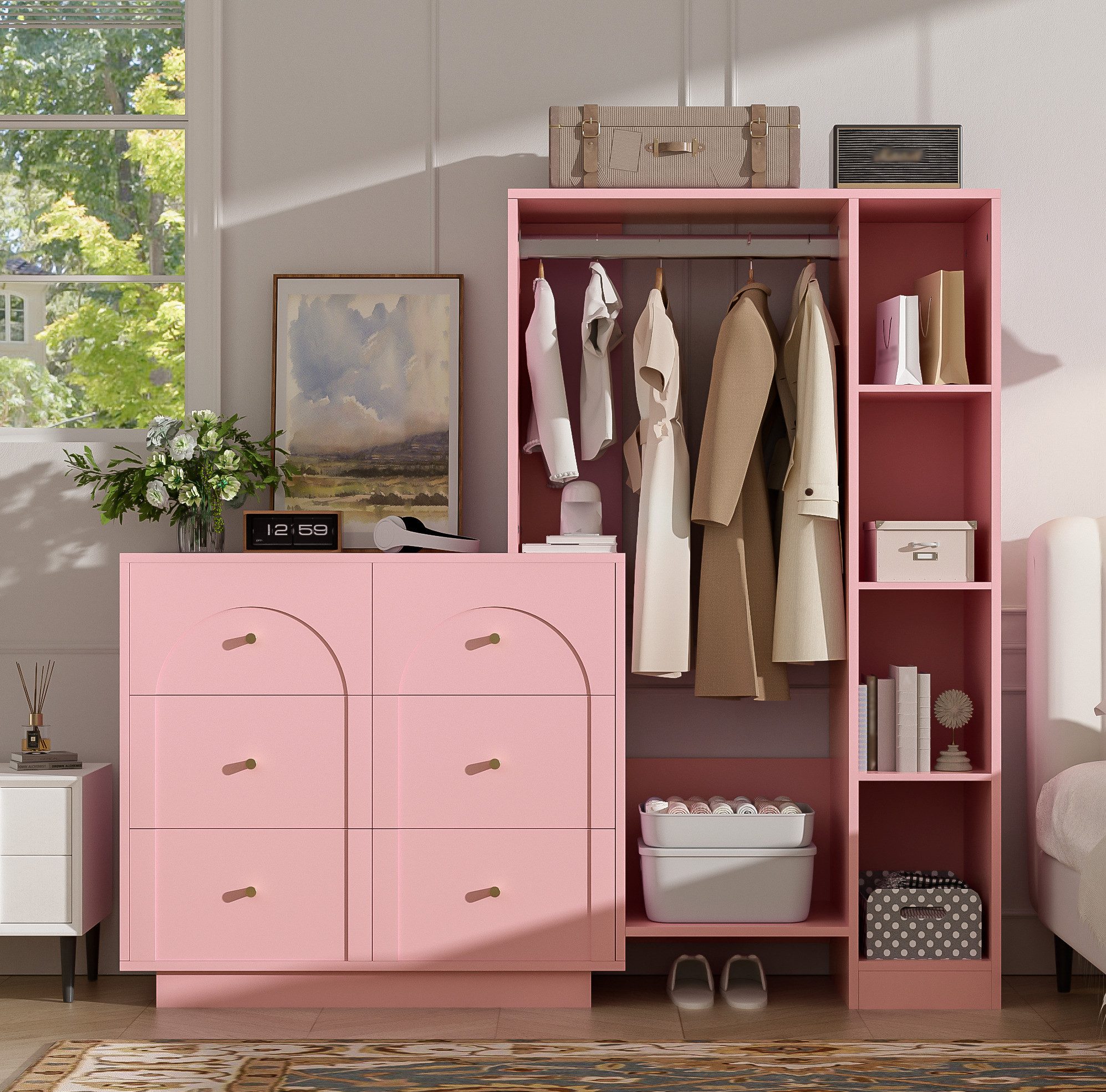 REDOM Kleiderschrank Garderobenschrank, offene Kleideraufbewahrung mit Stange (6 Schubladen und seitlichen Regalen, vielseitiger Mehrzweckschrank mit viel Stauraum, 139×35×133 cm, Kleiderständer Aufbewahrungsschrank)