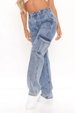 KIKI Jeansleggings Workwear-Jeans Damen-Multi-Pocket-Hose mit weitem Bein