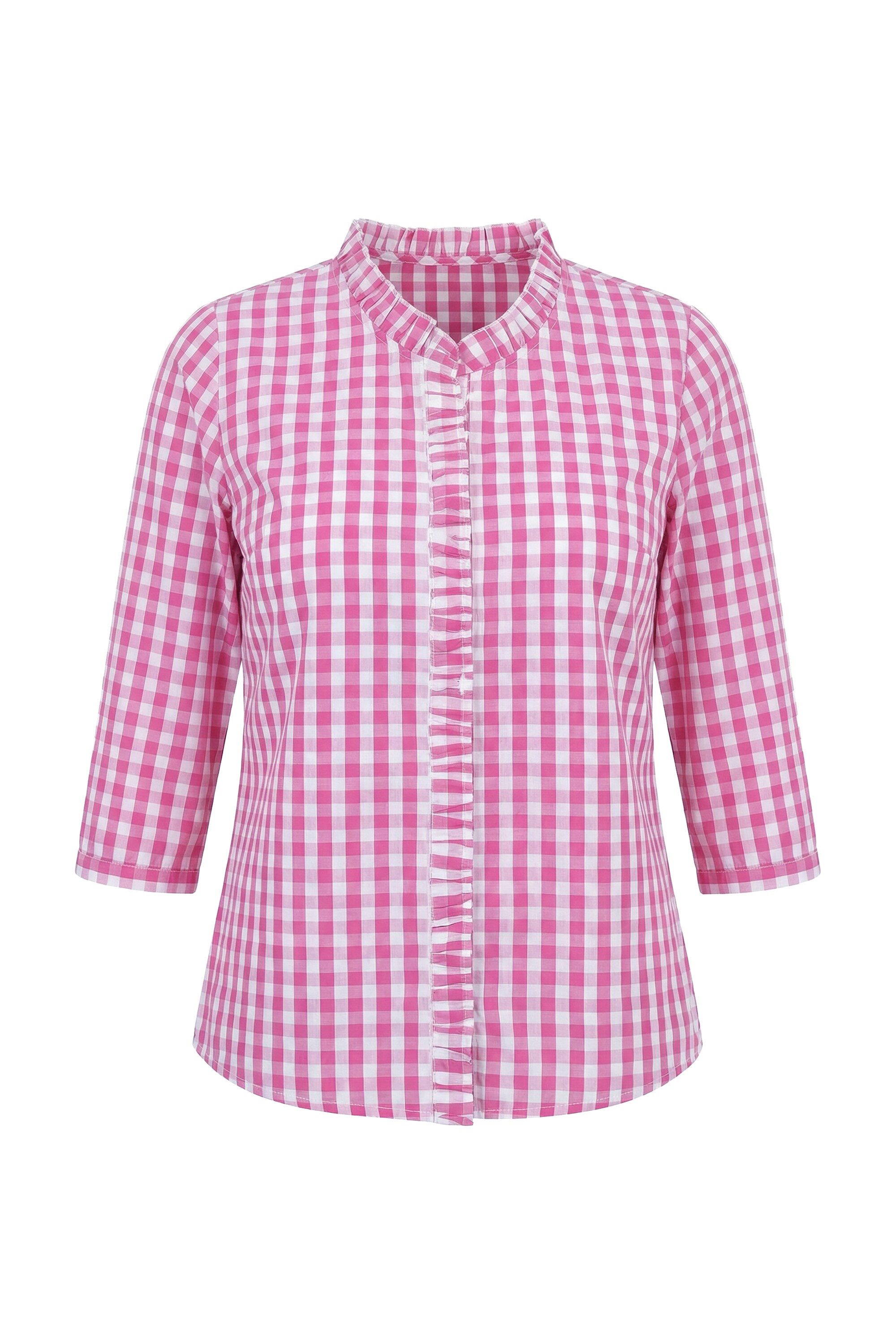Ulla Popken Trachtenbluse Bluse Karomuster Rüschen Stehkragen 3/4-Arm