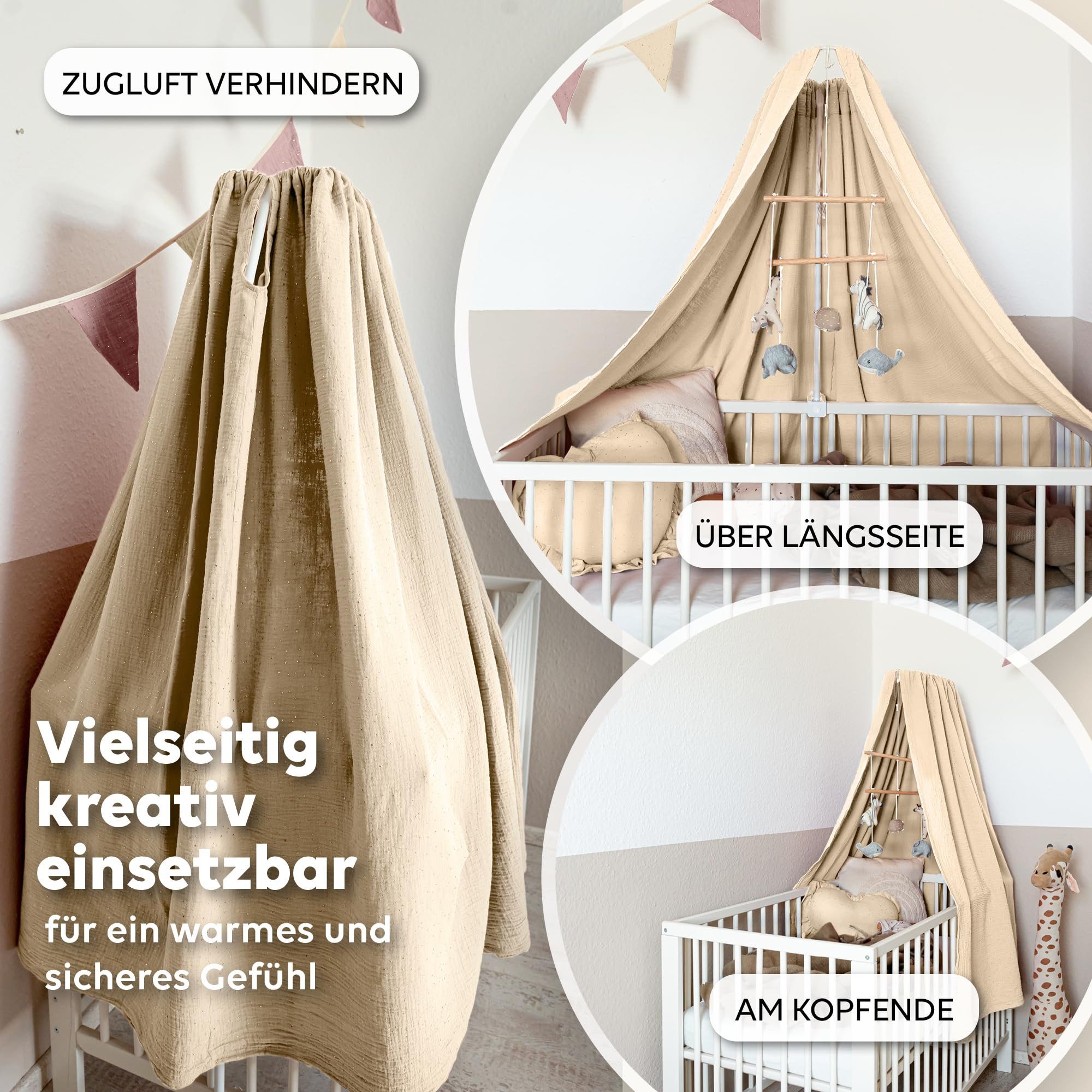 lilimaus Betthimmel Babybett Himmel Gold aus Musselin - handgenähter Baldachin (1-tlg), Betthimmel mit Gold-Details - weich & sanft zu zarter Babyhaut