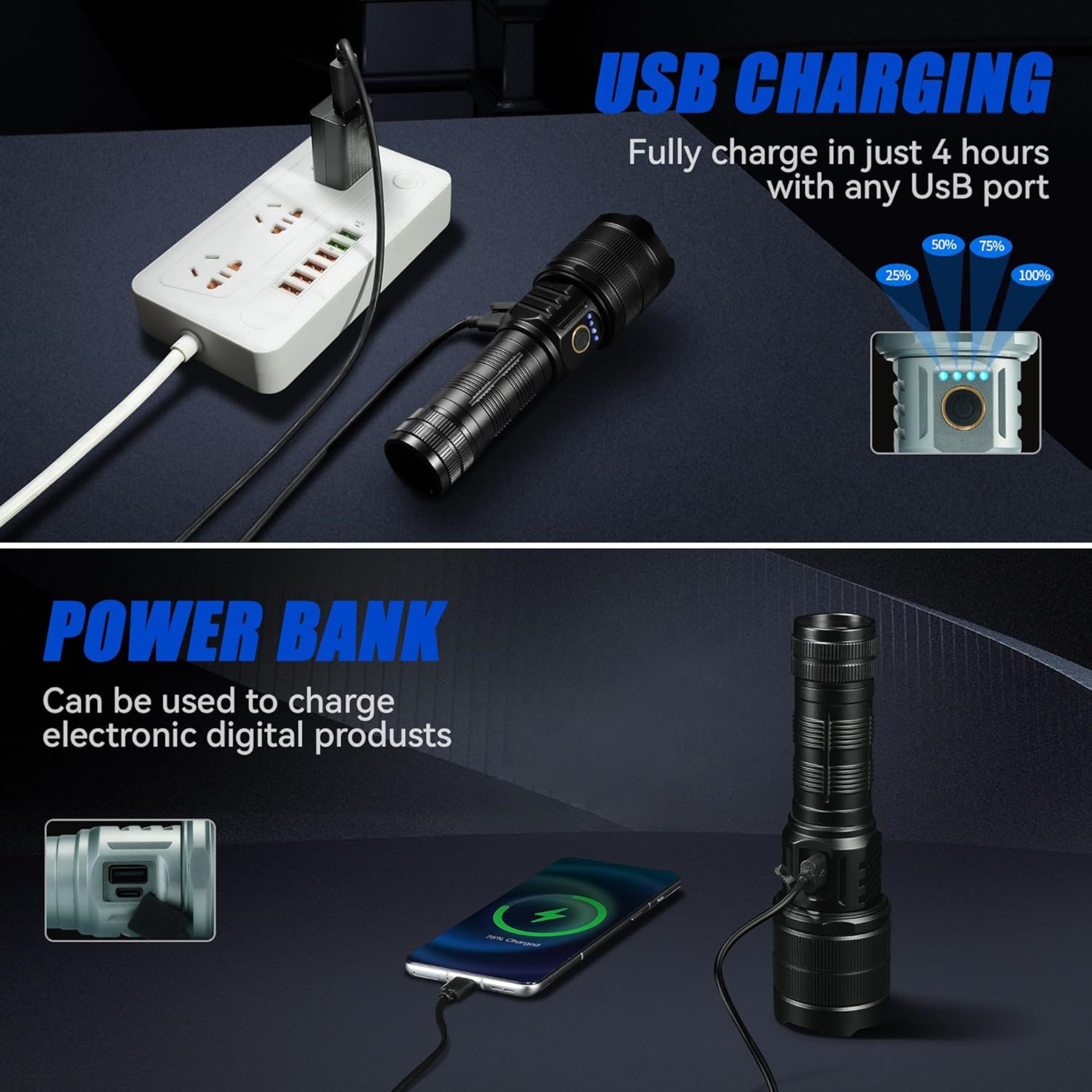 LA CUTE LED Taschenlampe LED Taschenlampe 900000 Lumen – Extrem Hell, USB-C Powerbank, Outdoor (Komplett-Set für Outdoor, Camping, Notfälle, Powerbank, LED Taschenlampe Set mit Akku, USB-C Kabel, Schlaufe), Extrem hell 900000 Lumen, mit USB-C und Powerbank