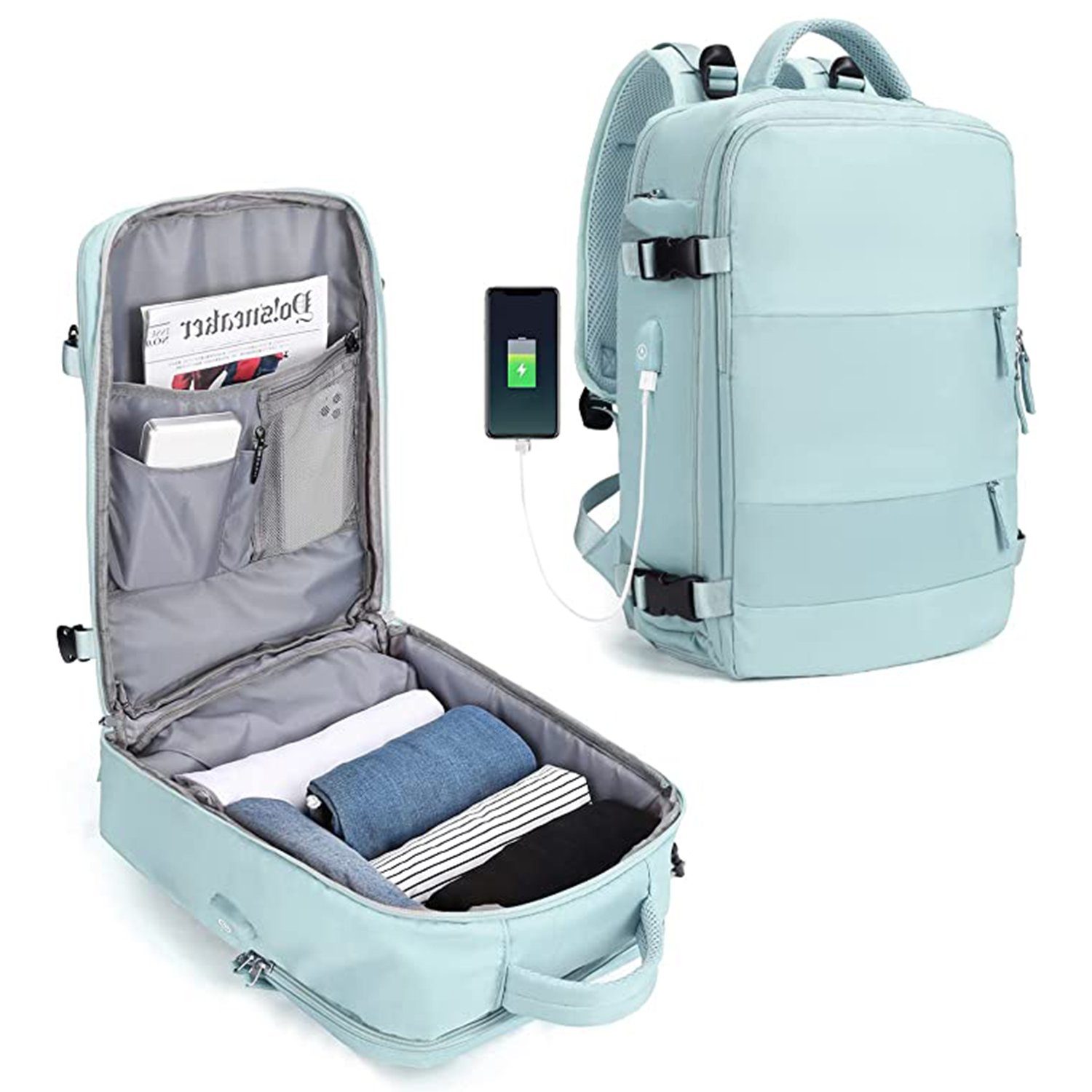 Vicbuy Reiserucksack 45L Supergroßer Handgepäck mit USB-Ladeanschluss, für 14 Zoll Laptop (mit Schulfach, Wasserdicht Wandern Outdoor-Sport Lässiger Tagesrucksack Schultasche), Rucksack Herren Damen Reiserucksack, Flugzeug genehmigt