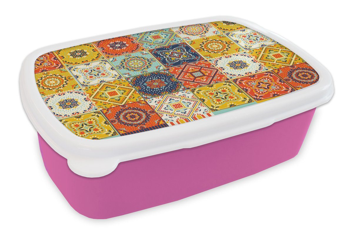 MuchoWow Lunchbox Vintage - (2-tlg), Kunststoff Brotbox Blumen Weiß Mädchen, Erwachsene, Snackbox, Kunststoff, Brotdose - für Orange, - - Kinder, rosa Muster