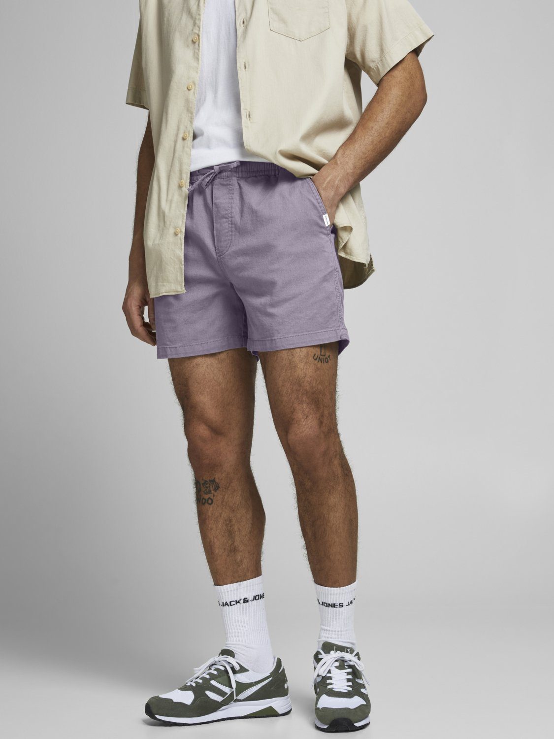 Jack & Jones Chinoshorts Denim Jeans Kurze JPSTJEFF JJJOGGER für Herren Baumwolle Normal Fit unifarben elastisch Kordelzug